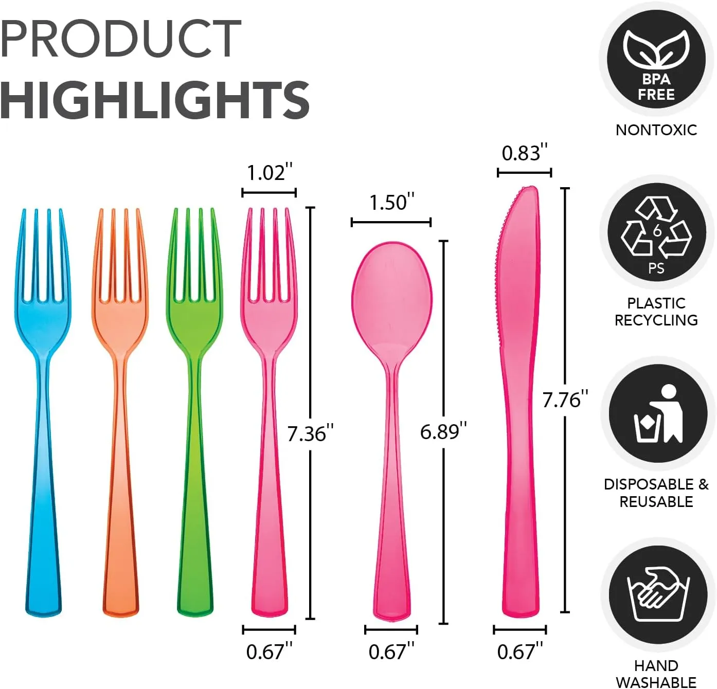 Party Essentials Heavy-Duty Hard Plastic Cutlery Combo Pack, 144 Pieces/48 Place Settings, Assorted Neon Brights