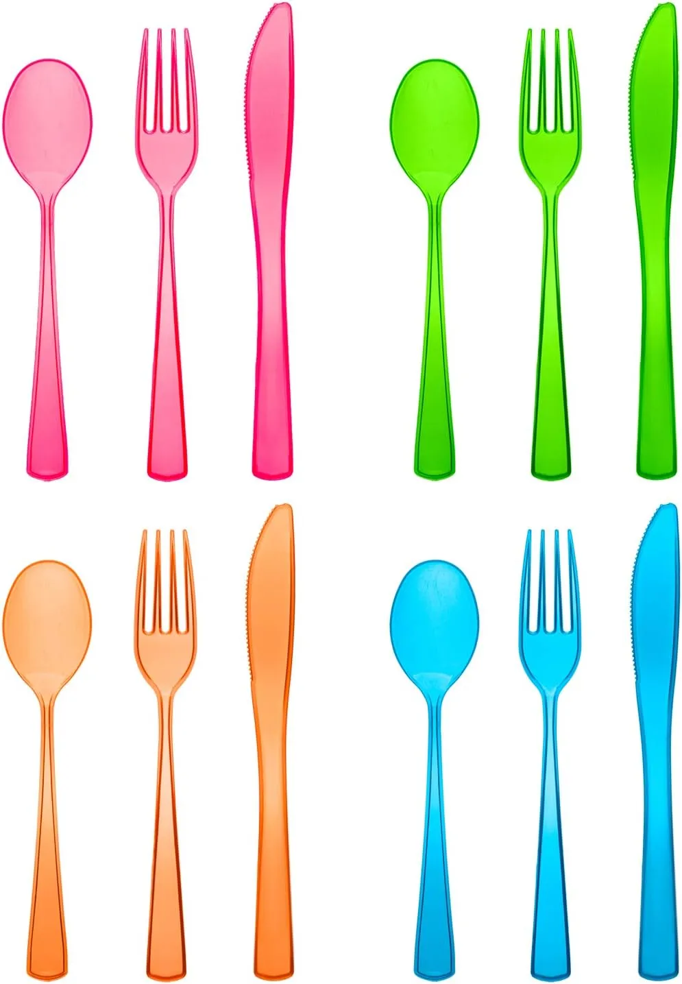Party Essentials Heavy-Duty Hard Plastic Cutlery Combo Pack, 144 Pieces/48 Place Settings, Assorted Neon Brights