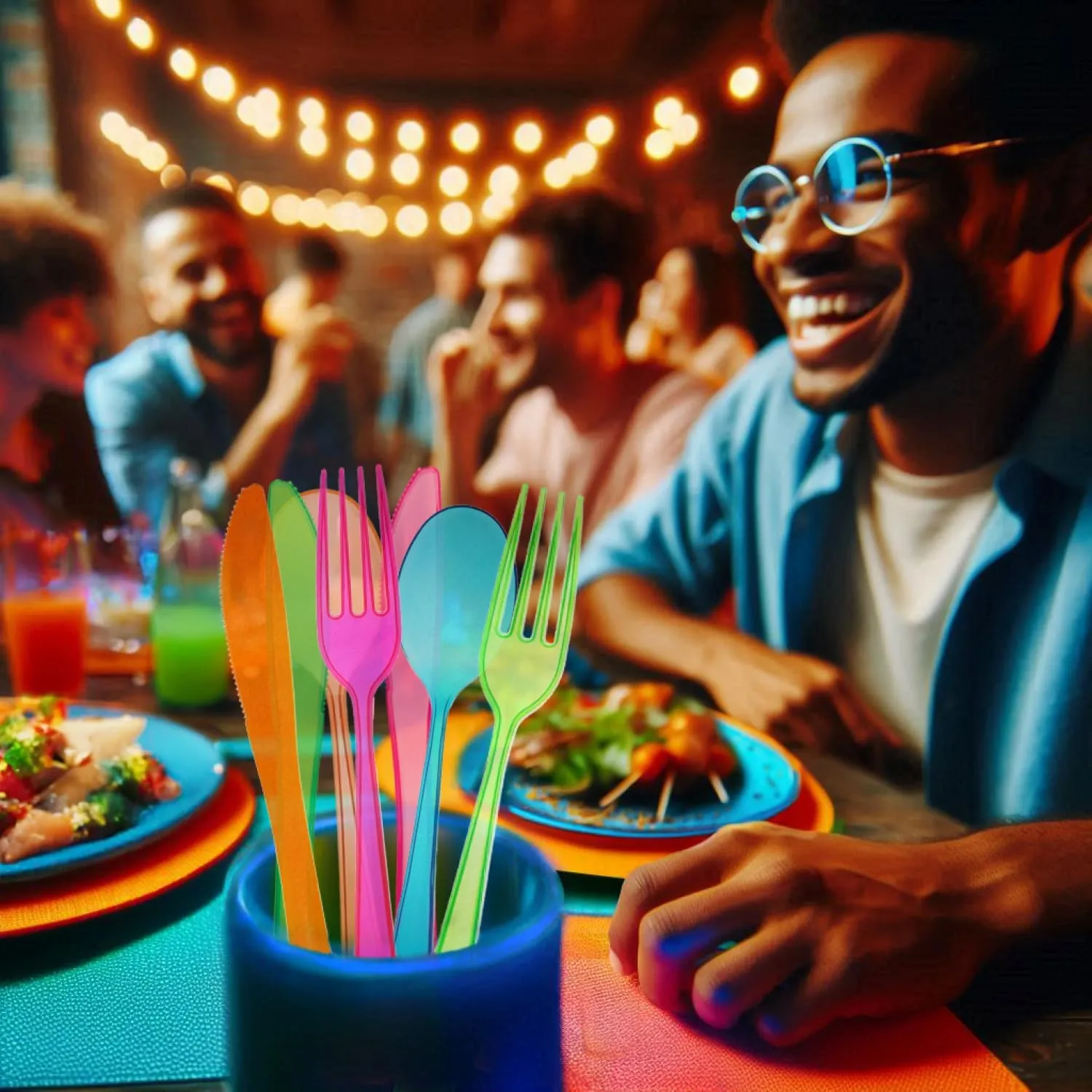 Party Essentials Heavy-Duty Hard Plastic Cutlery Combo Pack, 144 Pieces/48 Place Settings, Assorted Neon Brights