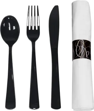 Party Essentials Party Supplies Wrapped Silverware Set Disposable, Pre Rolled Napkin and Cutlery, Spoons/Forks/Knives Black, 50 Units