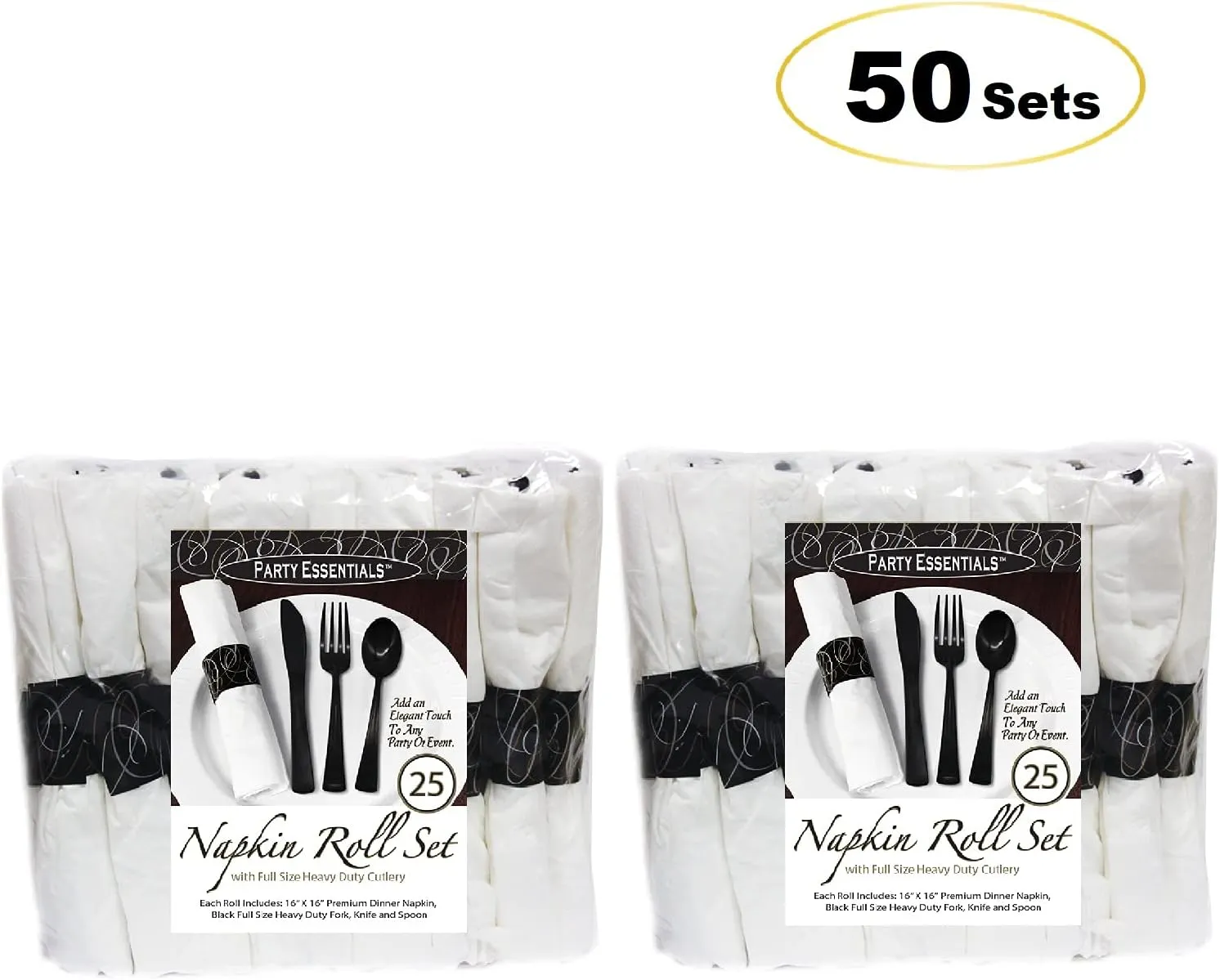 Party Essentials Party Supplies Wrapped Silverware Set Disposable, Pre Rolled Napkin and Cutlery, Spoons/Forks/Knives Black, 50 Units