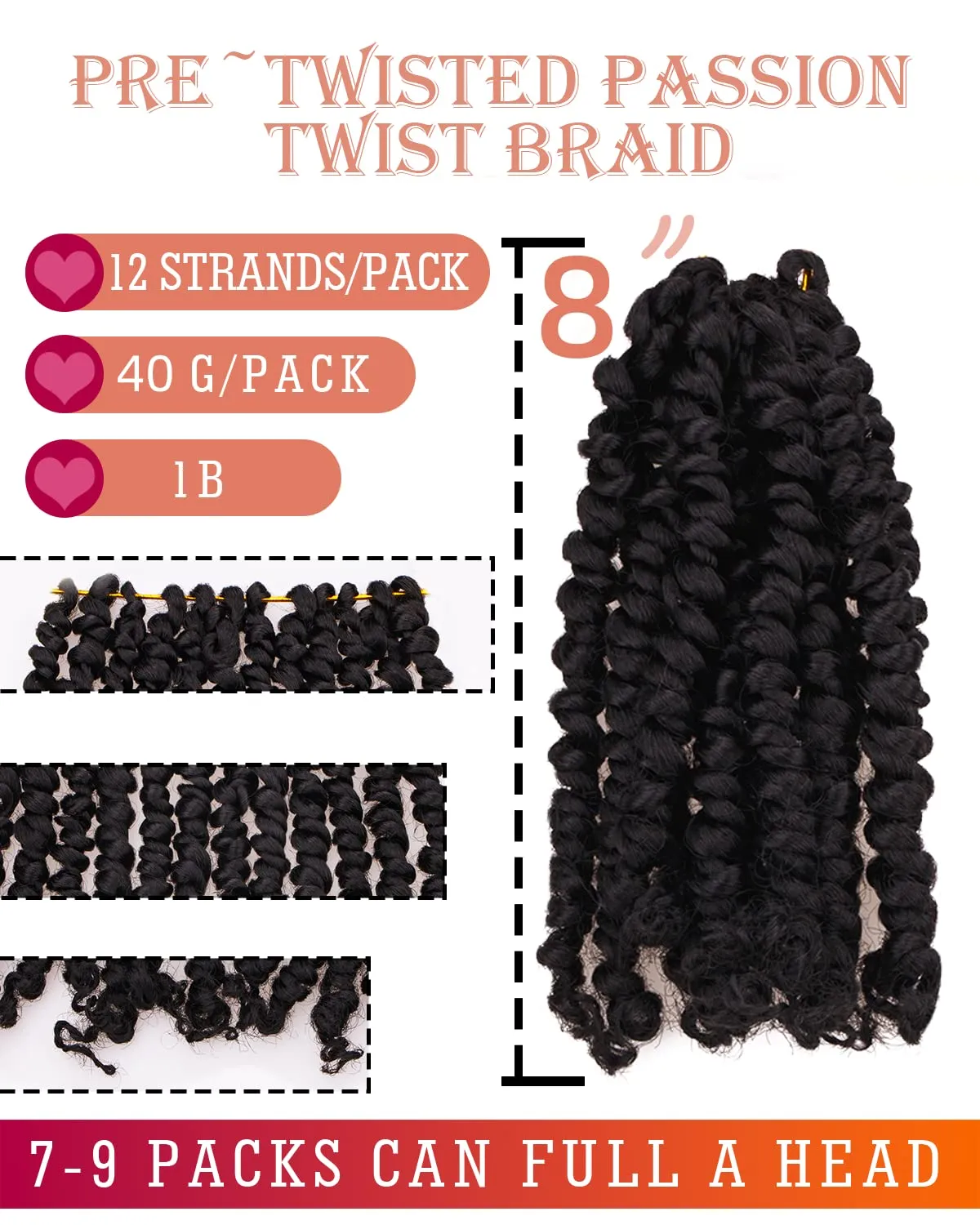 Passion Twist Hair-Pre-twisted Passion Twists,Pre-Looped Crochet Braids Made Of Bohemian Hair Synthetic Braiding Hair Extensions (8 Inch(Pack of 8), 1B)