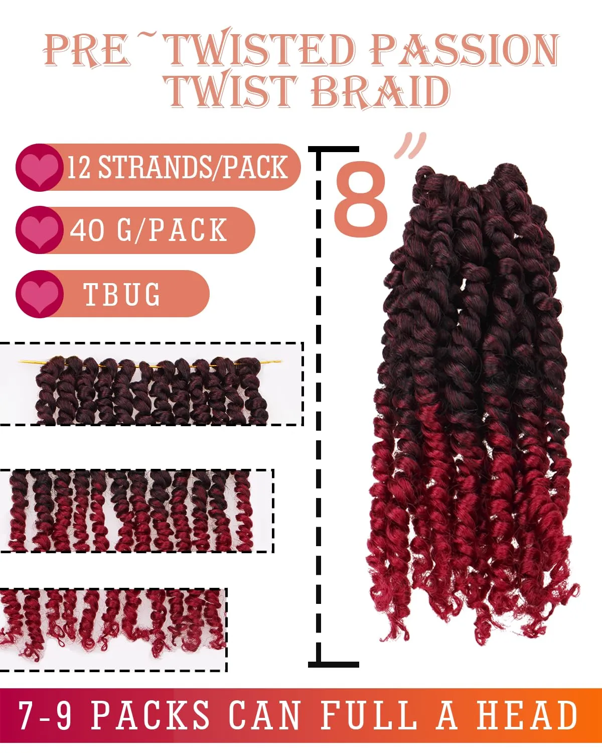 Passion Twist Hair-Pre-twisted Passion Twists,Pre-Looped Crochet Braids Made Of Bohemian Hair Synthetic Braiding Hair Extensions (8 Inch(Pack of 8), TBUG)