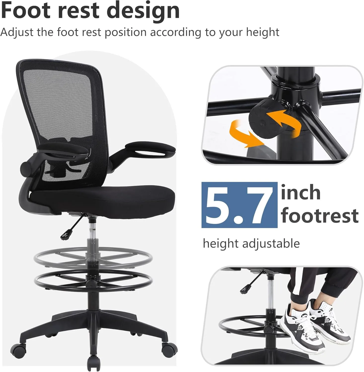 PayLessHere Ergonomic Drafting Chair Tall Office Chair High Adjustable Standing Desk Chair with Lumbar Support Mesh Back Footrest Flip-Up Arms for Office Computer Desk Standing Desk (Black)