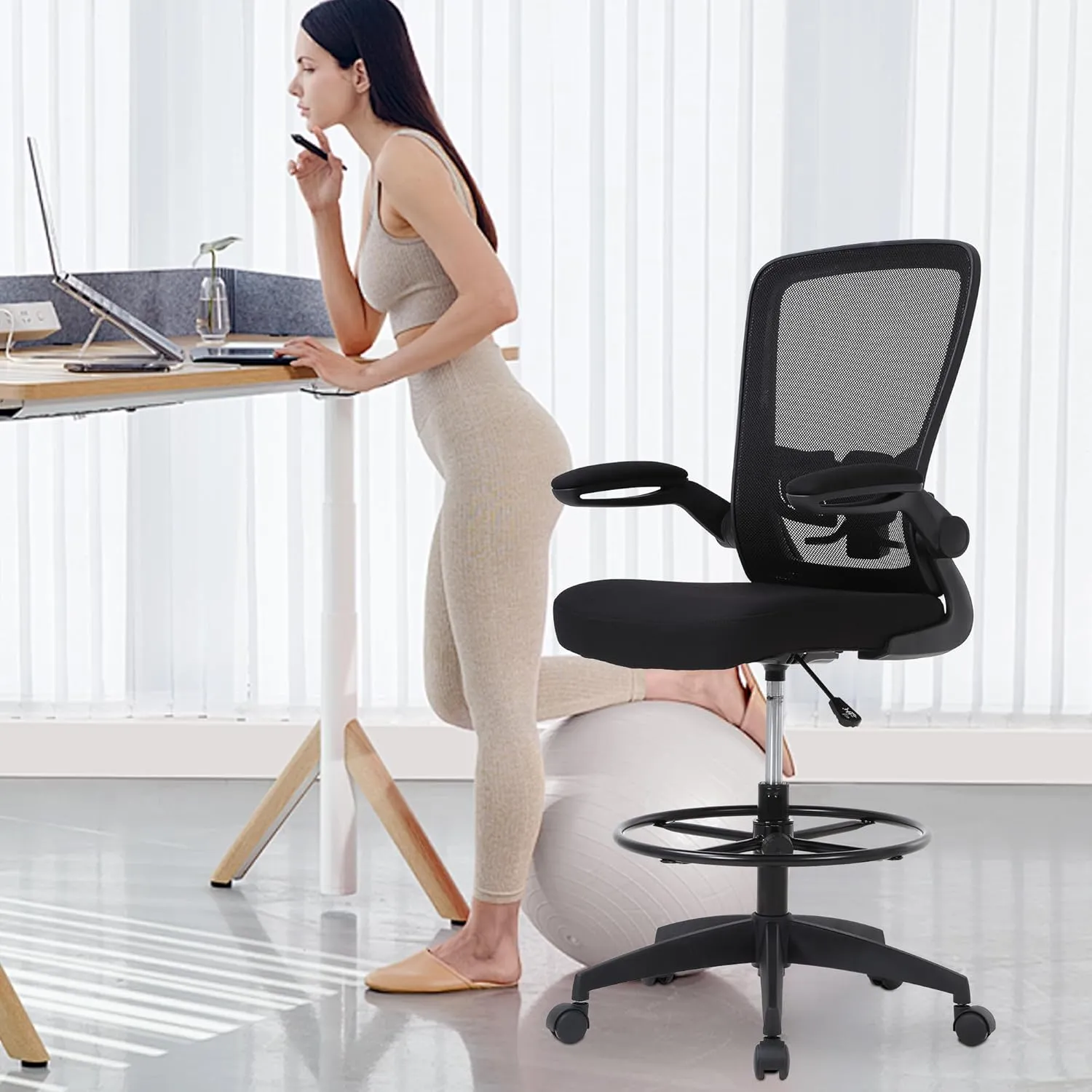 PayLessHere Ergonomic Drafting Chair Tall Office Chair High Adjustable Standing Desk Chair with Lumbar Support Mesh Back Footrest Flip-Up Arms for Office Computer Desk Standing Desk (Black)