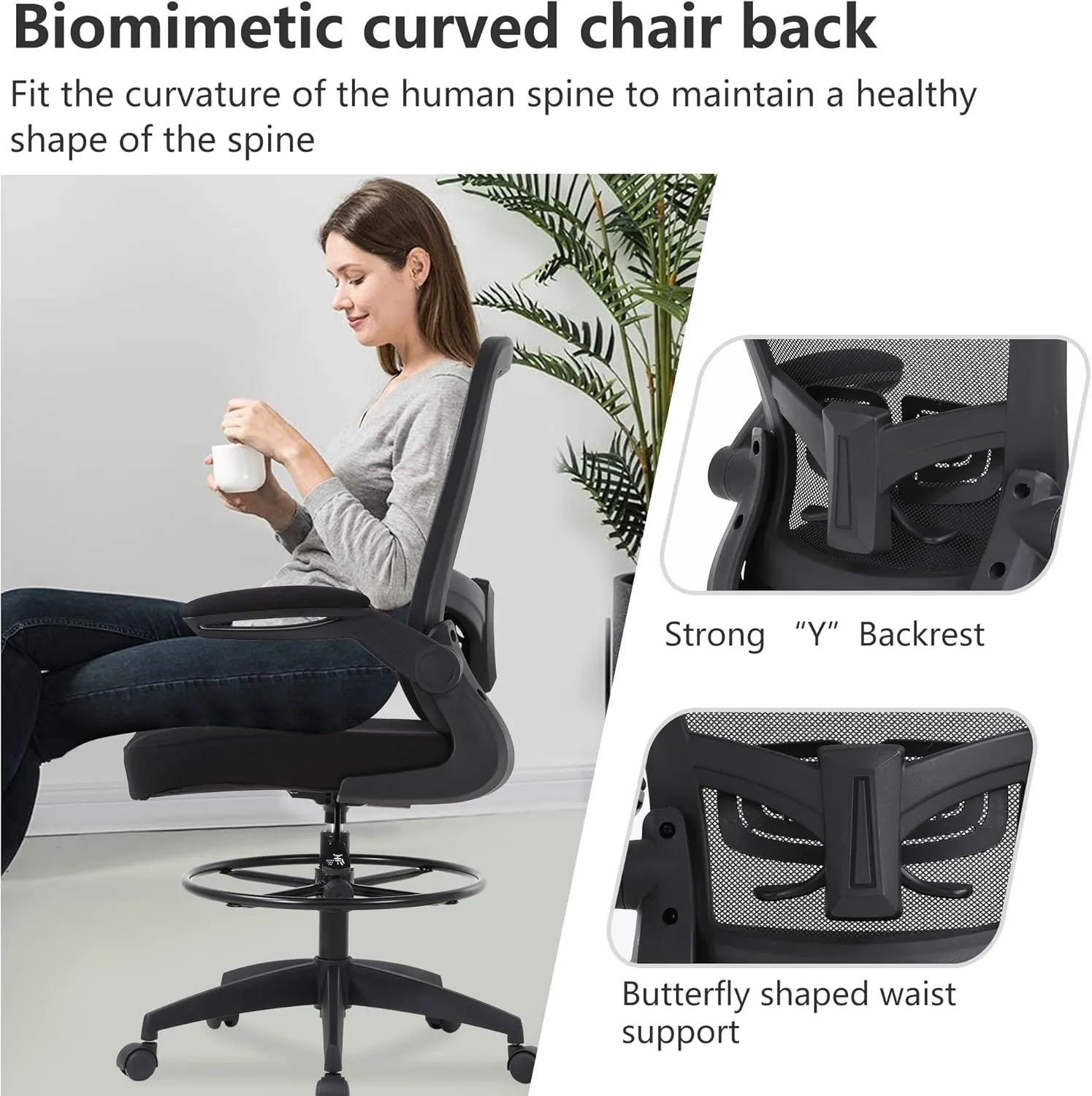 PayLessHere Ergonomic Drafting Chair Tall Office Chair High Adjustable Standing Desk Chair with Lumbar Support Mesh Back Footrest Flip-Up Arms for Office Computer Desk Standing Desk (Black)