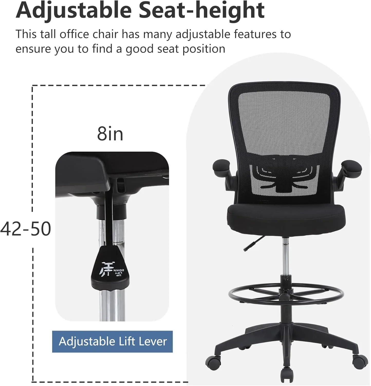 PayLessHere Ergonomic Drafting Chair Tall Office Chair High Adjustable Standing Desk Chair with Lumbar Support Mesh Back Footrest Flip-Up Arms for Office Computer Desk Standing Desk (Black)
