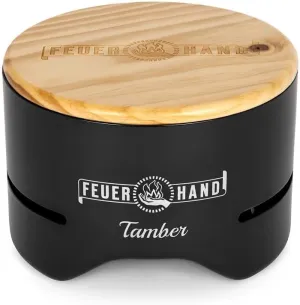 Petromax Feuerhand Tabletop Charcoal Grill, Powder-Coated Steel Tamber for Outdoor Use, Wood Lid, 7.9 inch diameter, Black