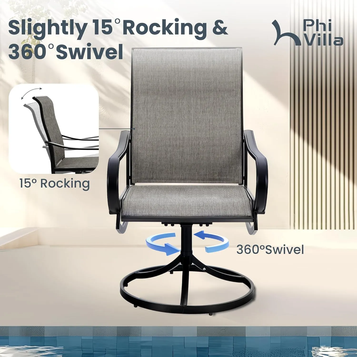 PHI VILLA Patio Swivel Dining Chairs Set of 6 Outdoor Metal Chair with Textilene Mesh Fabric, Patio Gentle Rocker Chair, Black Frame for Deck Garden