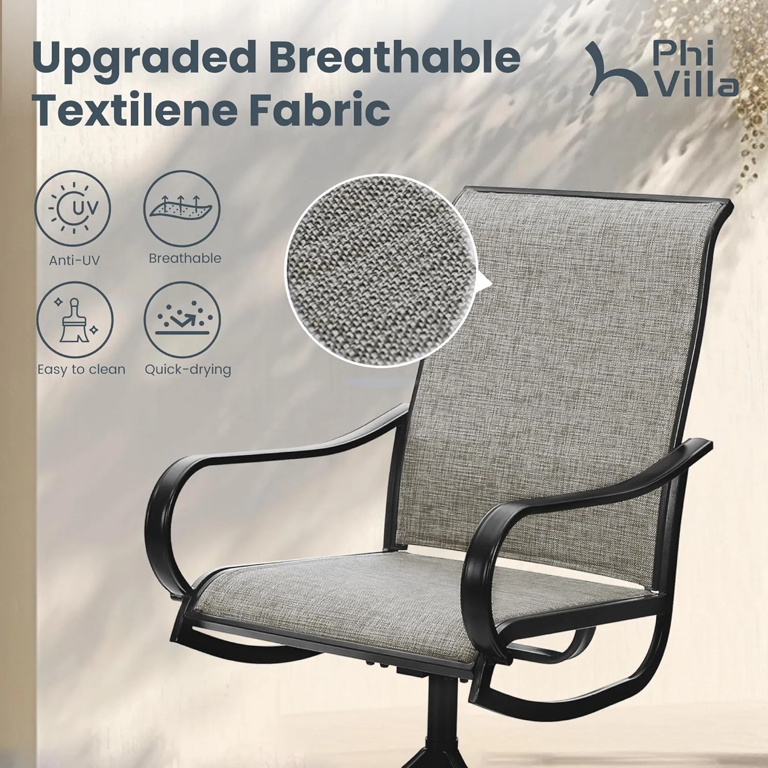 PHI VILLA Patio Swivel Dining Chairs Set of 6 Outdoor Metal Chair with Textilene Mesh Fabric, Patio Gentle Rocker Chair, Black Frame for Deck Garden