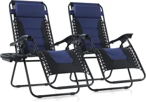PHI VILLA Set of 2 Padded Zero Gravity Lounge Chair Oversized Folding Patio Recliner with Adjustable Headrest & Cup Holder, Support 350 LBS(Blue)