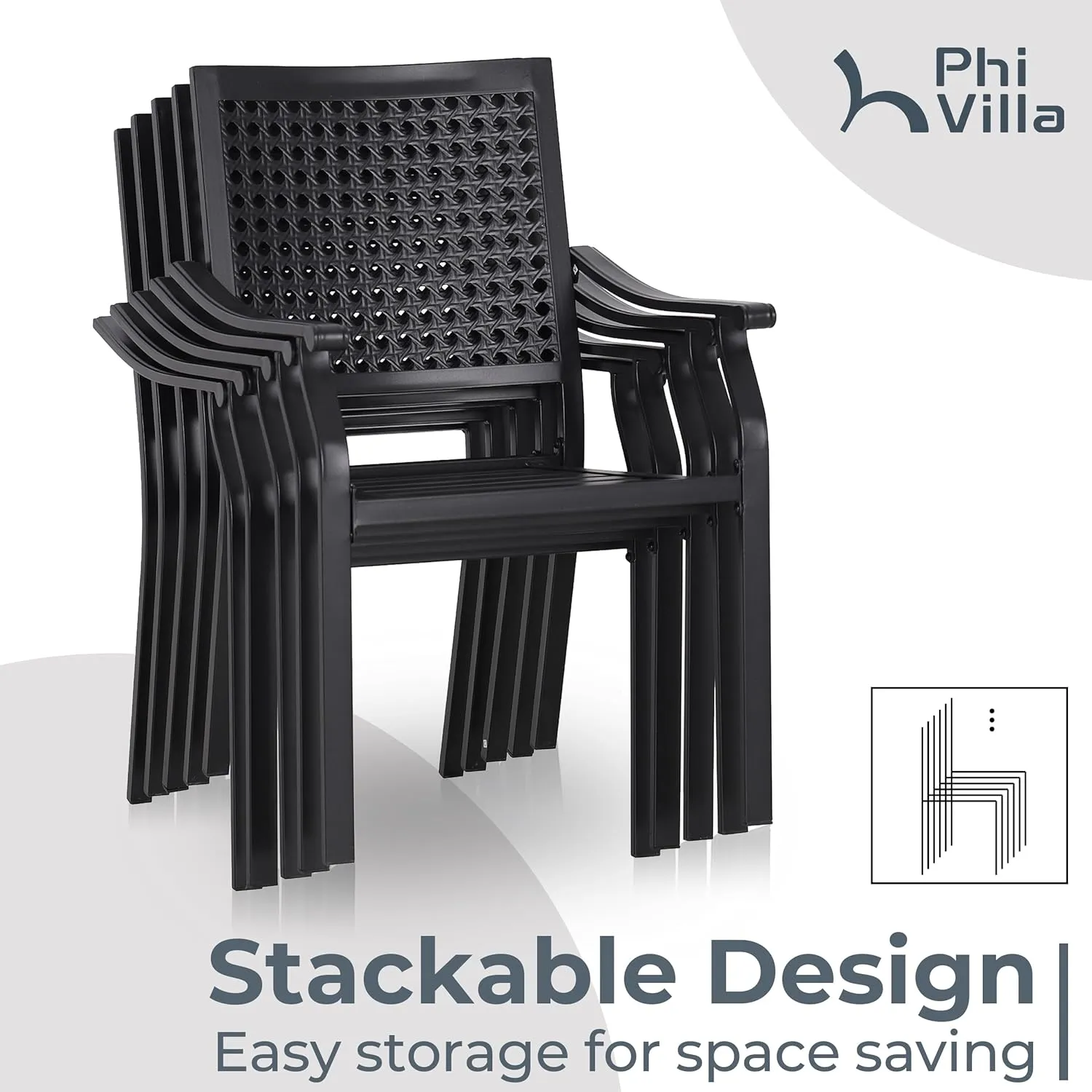 PHI VILLA Stackable Wrought Iron Patio Dining Chairs - Set of 4 Black Outdoor Chair Bistro Metal Chairs, Support 300 LBS
