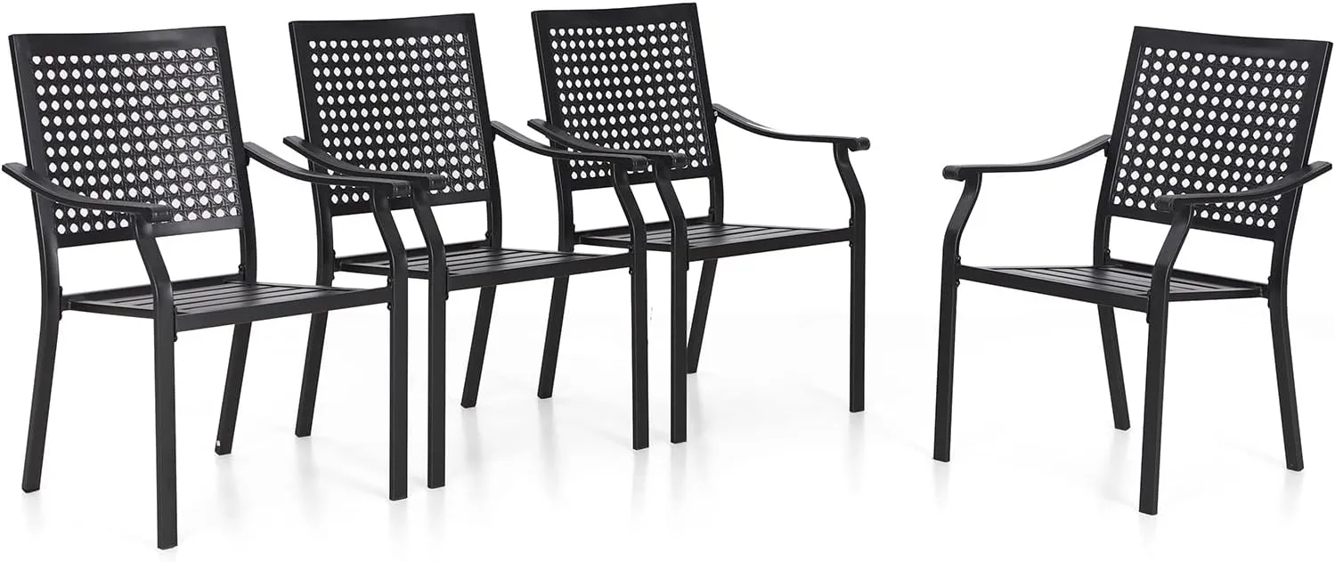 PHI VILLA Stackable Wrought Iron Patio Dining Chairs - Set of 4 Black Outdoor Chair Bistro Metal Chairs, Support 300 LBS