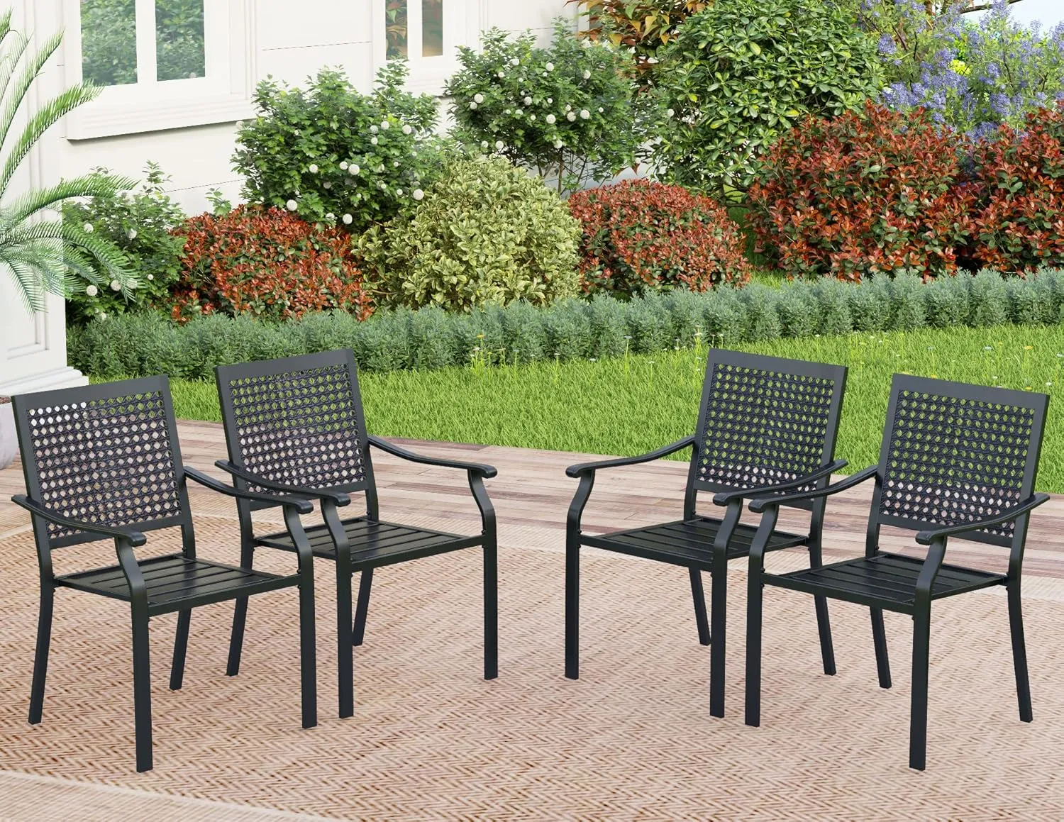 PHI VILLA Stackable Wrought Iron Patio Dining Chairs - Set of 4 Black Outdoor Chair Bistro Metal Chairs, Support 300 LBS