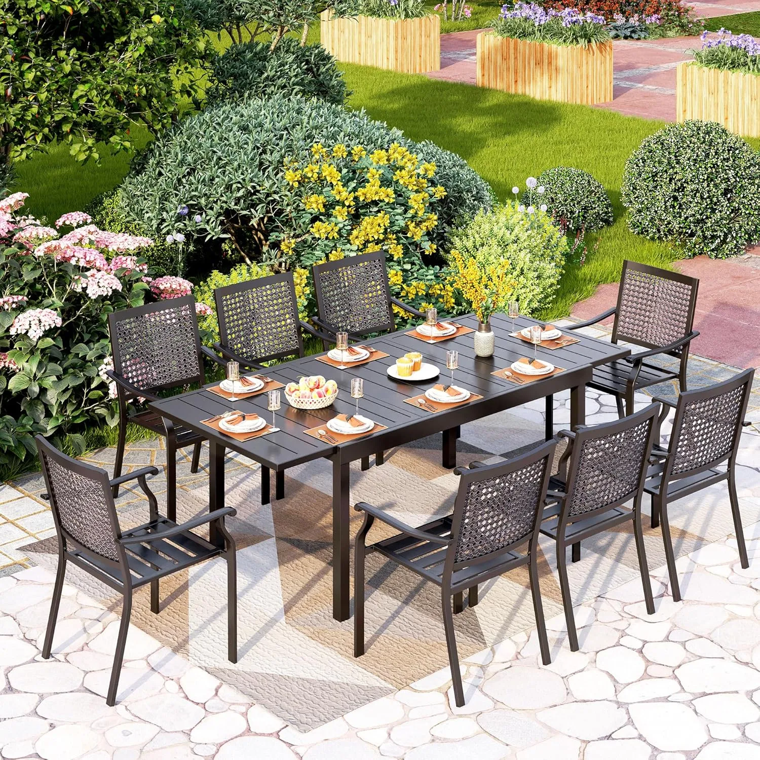 PHI VILLA Stackable Wrought Iron Patio Dining Chairs - Set of 4 Black Outdoor Chair Bistro Metal Chairs, Support 300 LBS