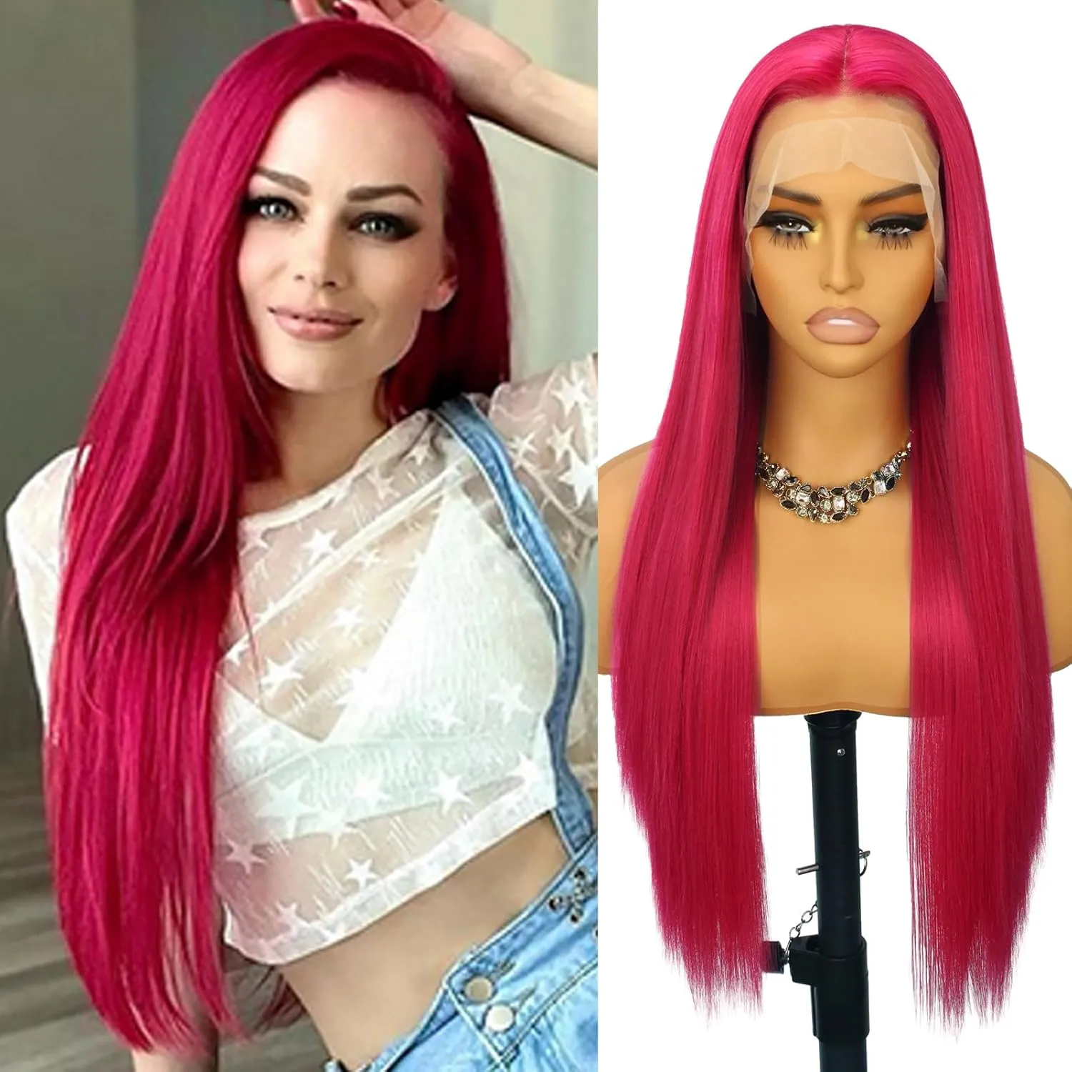 Pink Lace Front Wig Long Straight Hot Pink Wig 180% Density Pre Plucked Wig Natural Hairline Glueless Heat Resistant Fiber Hair Synthetic Lace Front Wigs For Fashion Women
