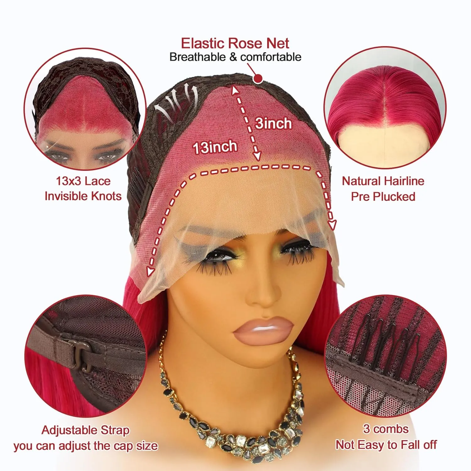 Pink Lace Front Wig Long Straight Hot Pink Wig 180% Density Pre Plucked Wig Natural Hairline Glueless Heat Resistant Fiber Hair Synthetic Lace Front Wigs For Fashion Women