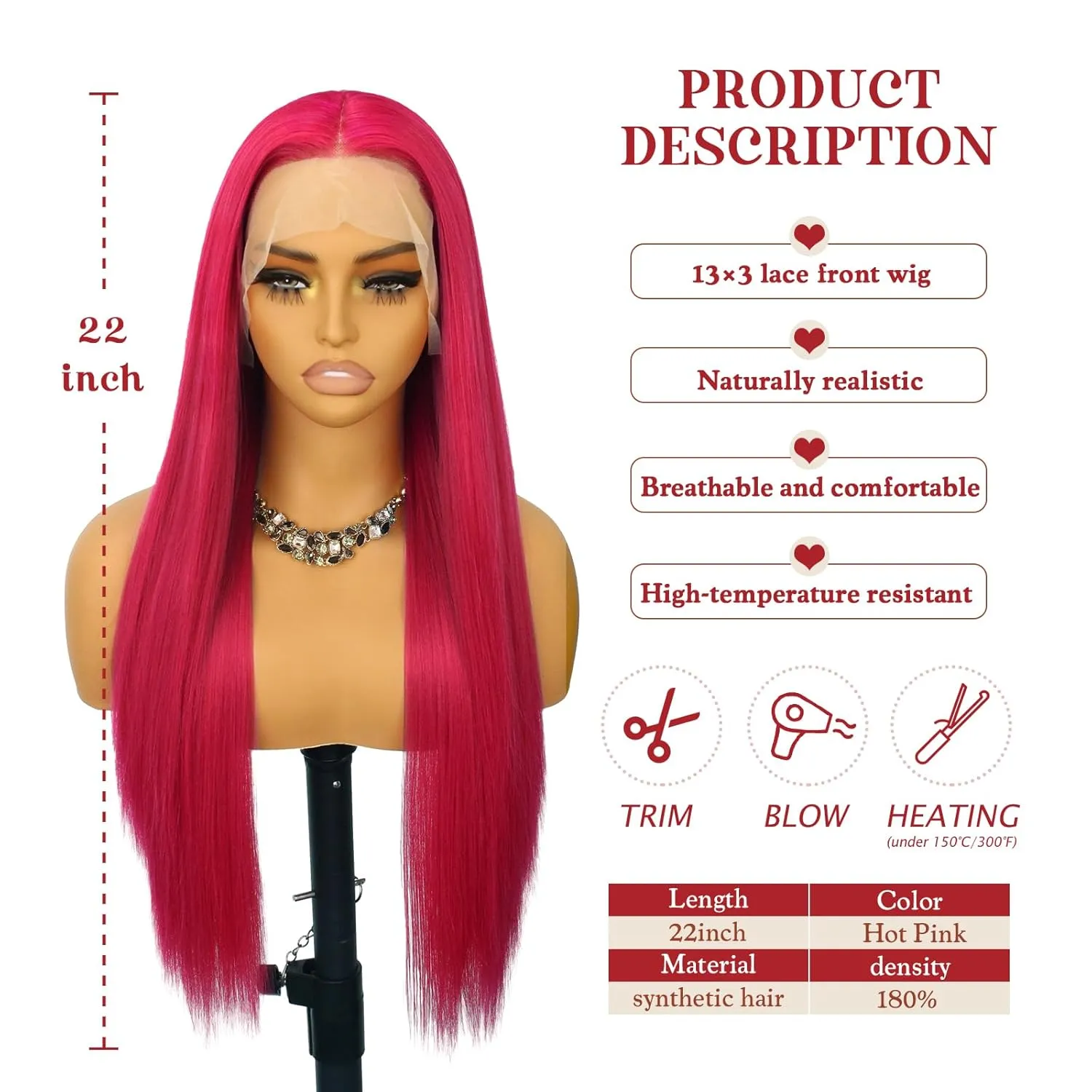 Pink Lace Front Wig Long Straight Hot Pink Wig 180% Density Pre Plucked Wig Natural Hairline Glueless Heat Resistant Fiber Hair Synthetic Lace Front Wigs For Fashion Women