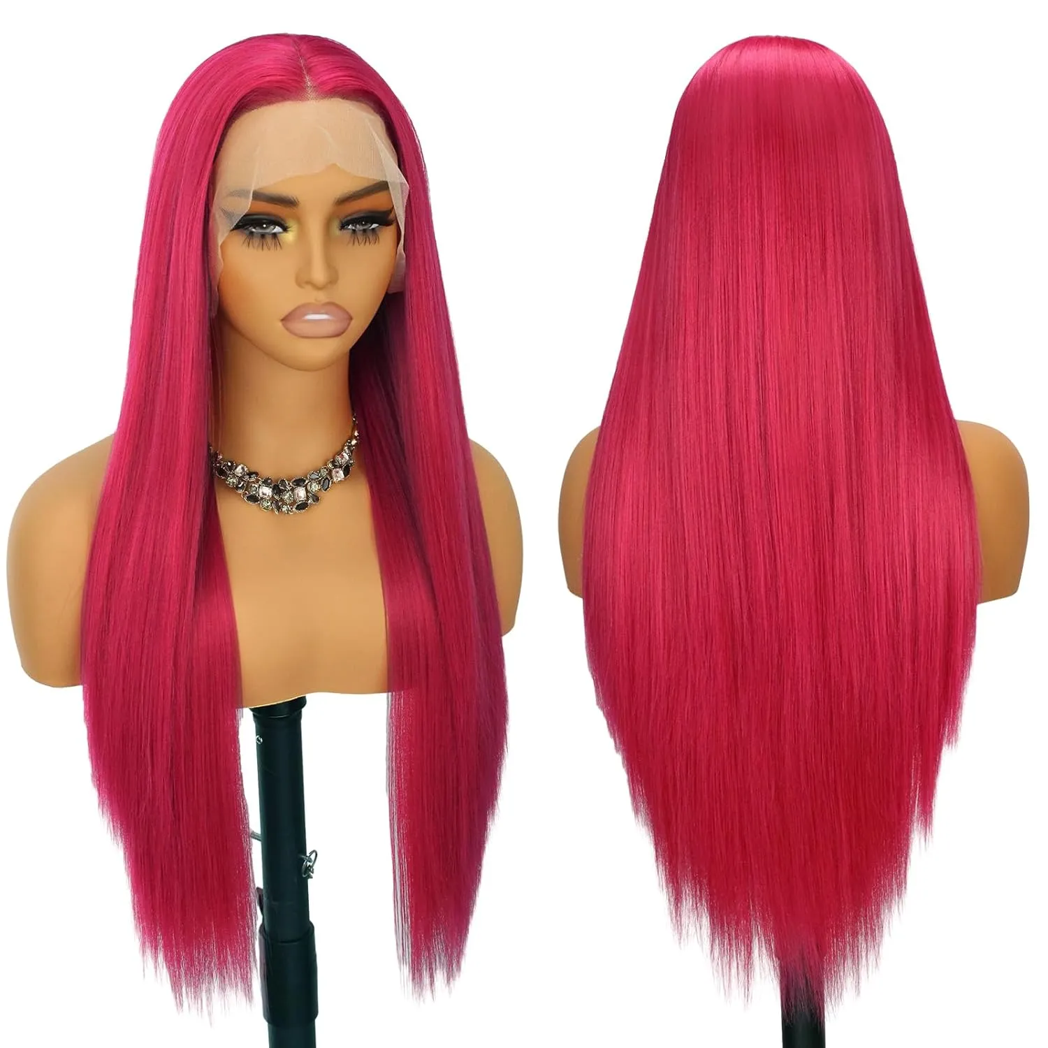 Pink Lace Front Wig Long Straight Hot Pink Wig 180% Density Pre Plucked Wig Natural Hairline Glueless Heat Resistant Fiber Hair Synthetic Lace Front Wigs For Fashion Women