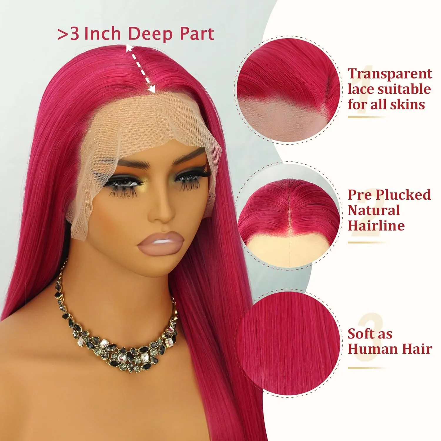 Pink Lace Front Wig Long Straight Hot Pink Wig 180% Density Pre Plucked Wig Natural Hairline Glueless Heat Resistant Fiber Hair Synthetic Lace Front Wigs For Fashion Women