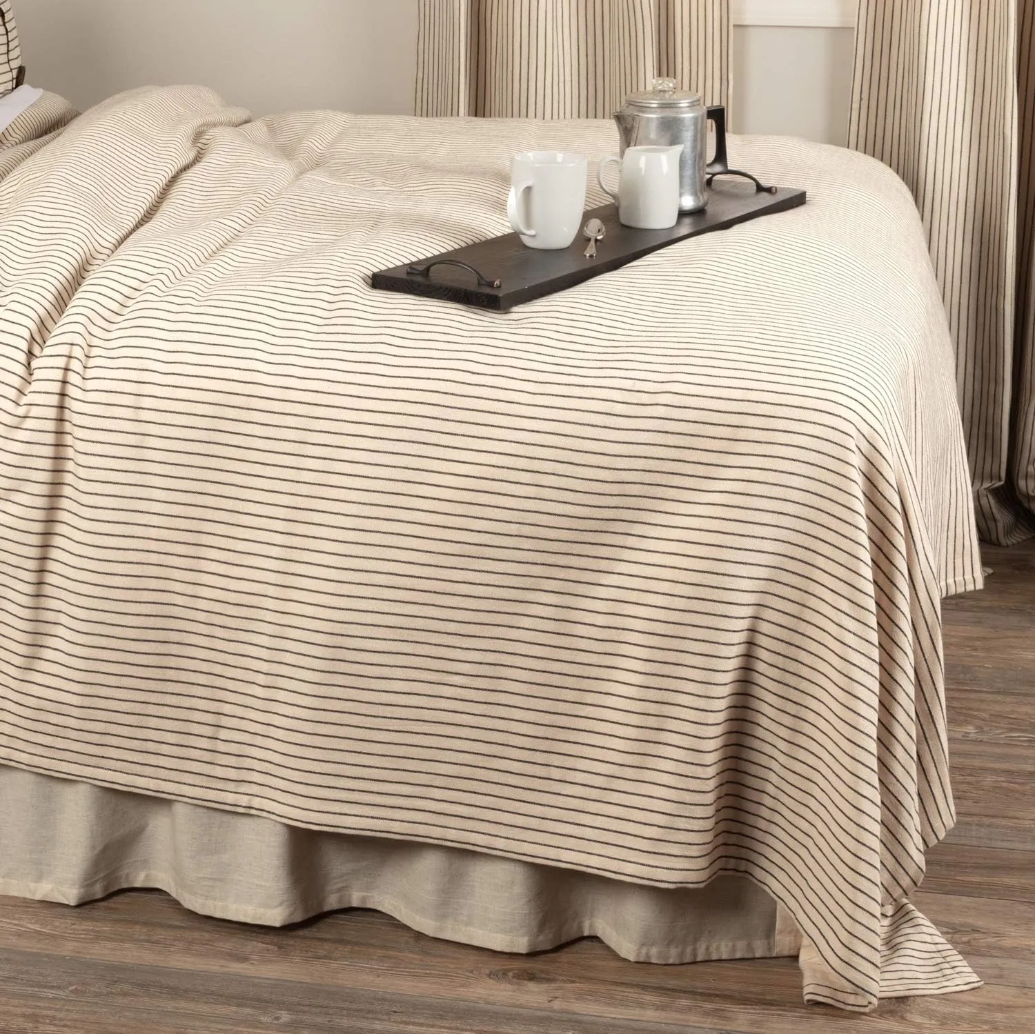 Piper Classics Katie's Vintage Stripe King Coverlet Bedspread, 97" x 110", Urban Rustic Farmhouse Bedding, Natural Cream w/Black Stripes Blanket