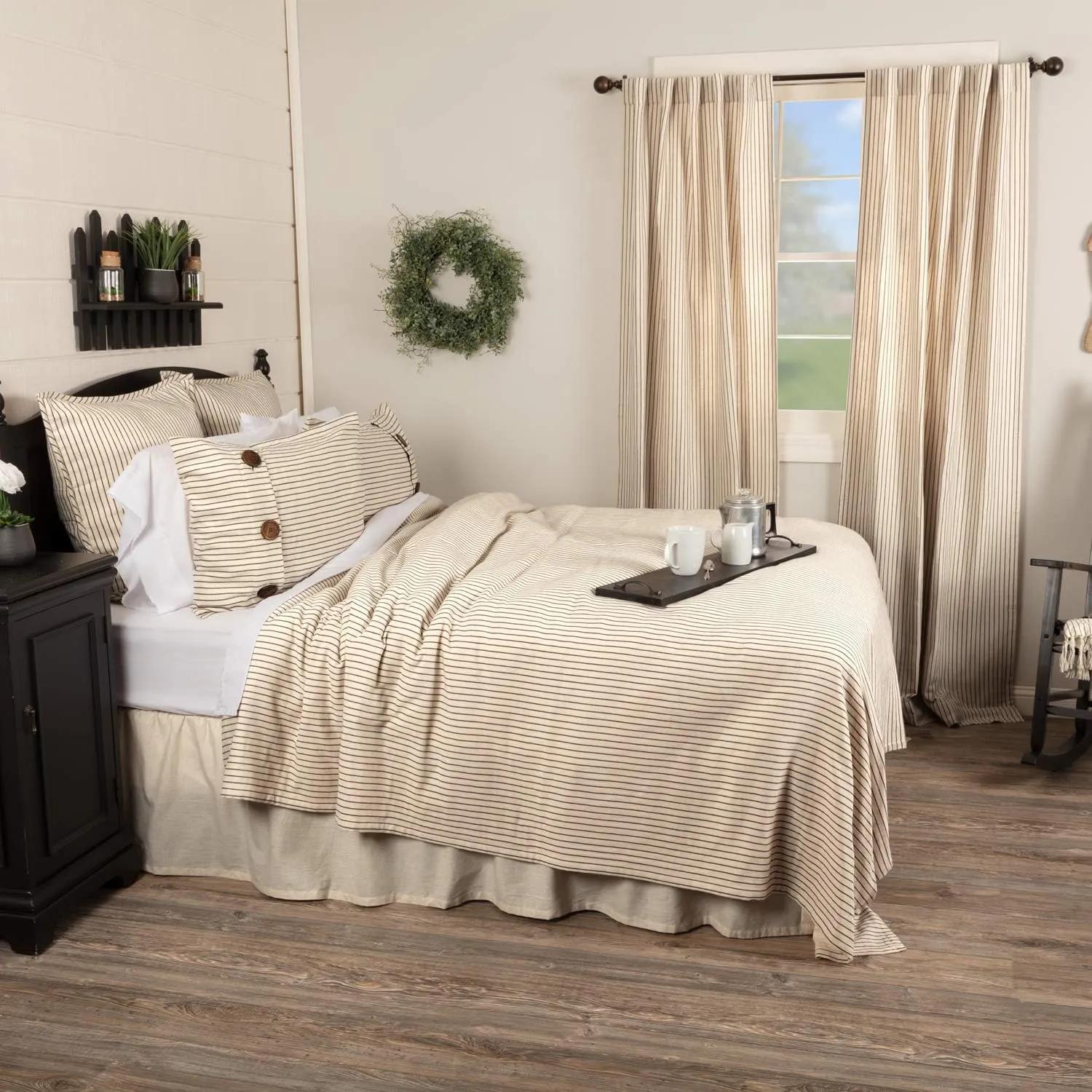 Piper Classics Katie's Vintage Stripe King Coverlet Bedspread, 97" x 110", Urban Rustic Farmhouse Bedding, Natural Cream w/Black Stripes Blanket
