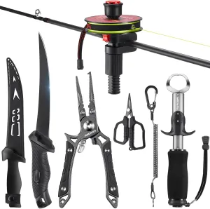 Piscifun 6pc Fishing Tool Kit, Fishing Line Spooler, Fishing Pliers, Fillet Knife, Braid Scissors, Aluminum Fish Gripper, Lanyard, Fishing Gear Gifts for Men Women