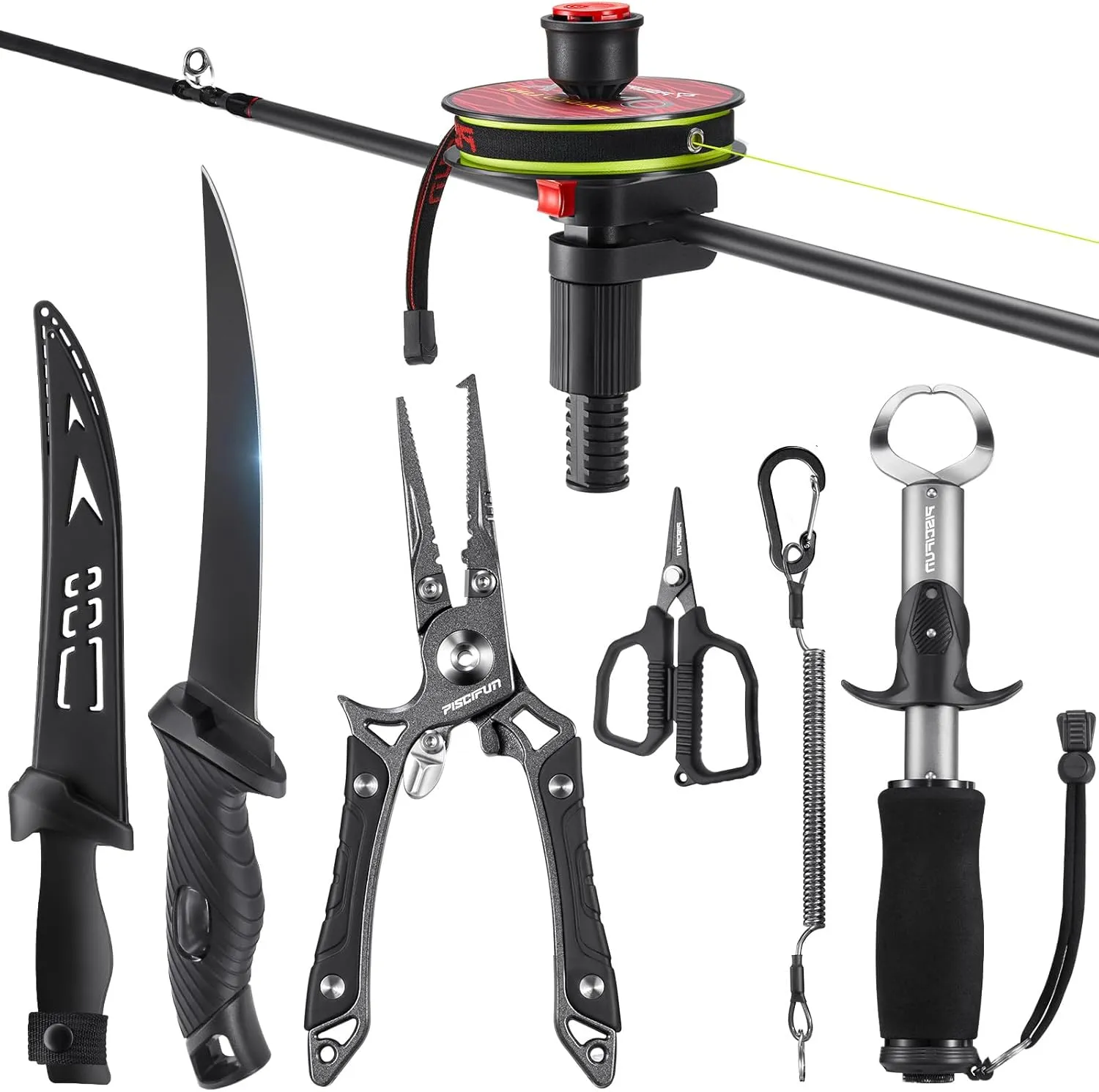 Piscifun 6pc Fishing Tool Kit, Fishing Line Spooler, Fishing Pliers, Fillet Knife, Braid Scissors, Aluminum Fish Gripper, Lanyard, Fishing Gear Gifts for Men Women