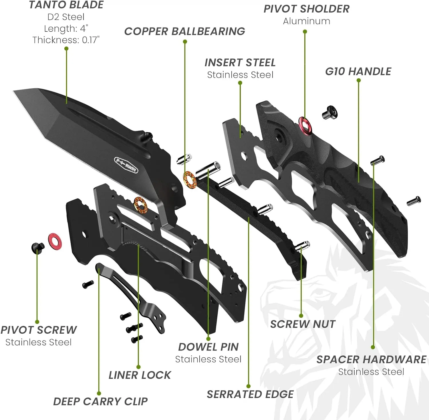 Pocket Knife - 4” D2 Steel Blade G10 Handle Folding Knife with Pocket Clip, One-handed Flipper Opening, Gifts for Men Dad Husband