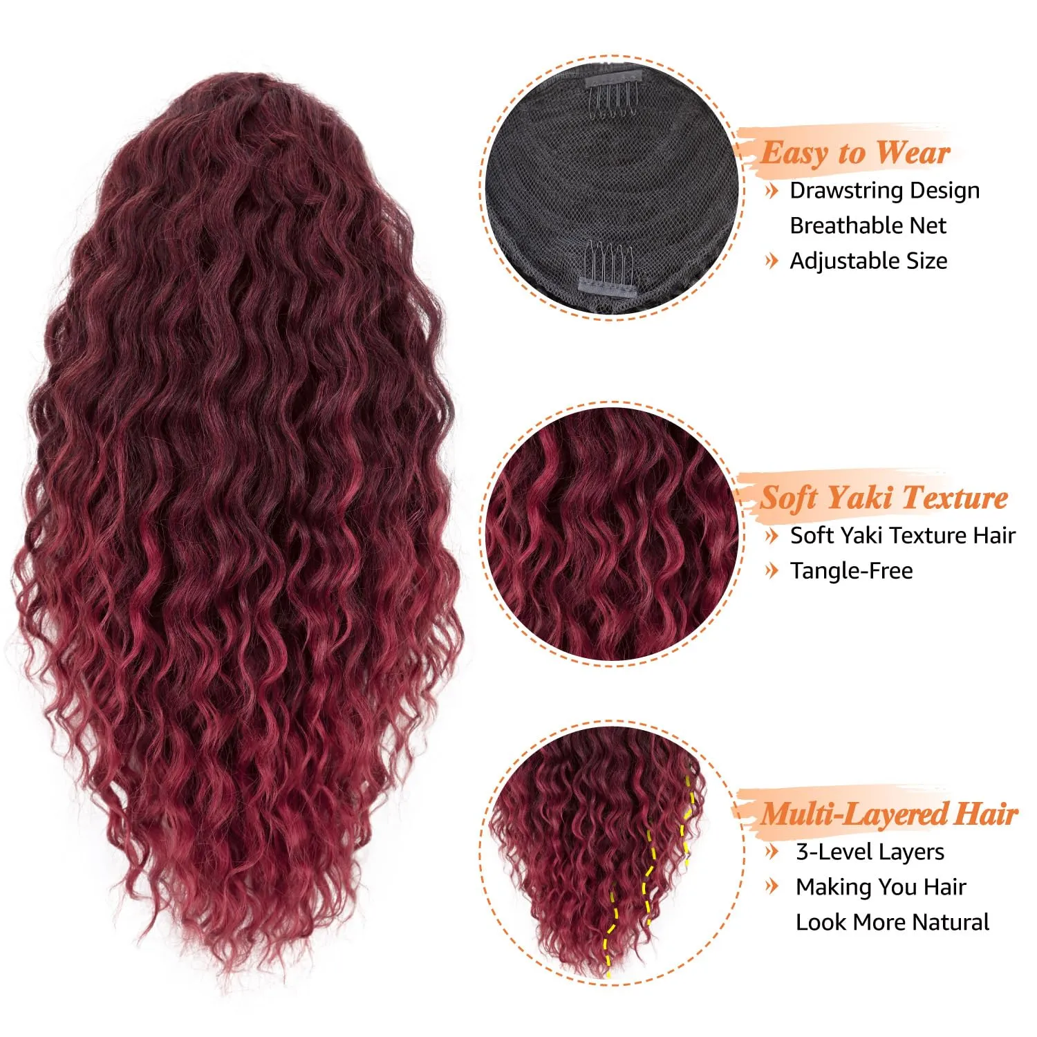 Ponytail Extension with Bangs,Yaki Curly Drawstring Ponytail Extension for Women 20 Inch Long Wavy Layered Pony Tails Hair Extensions Synthetic Clip in Ponytail Hairpiece for Women(BUG)