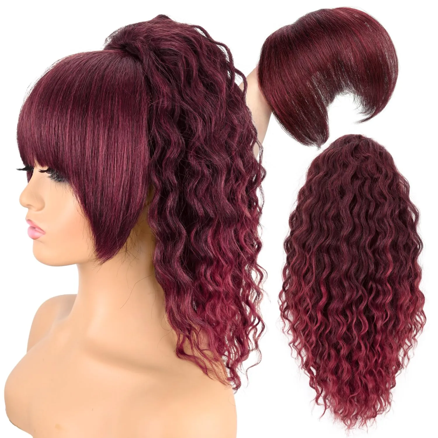 Ponytail Extension with Bangs,Yaki Curly Drawstring Ponytail Extension for Women 20 Inch Long Wavy Layered Pony Tails Hair Extensions Synthetic Clip in Ponytail Hairpiece for Women(BUG)