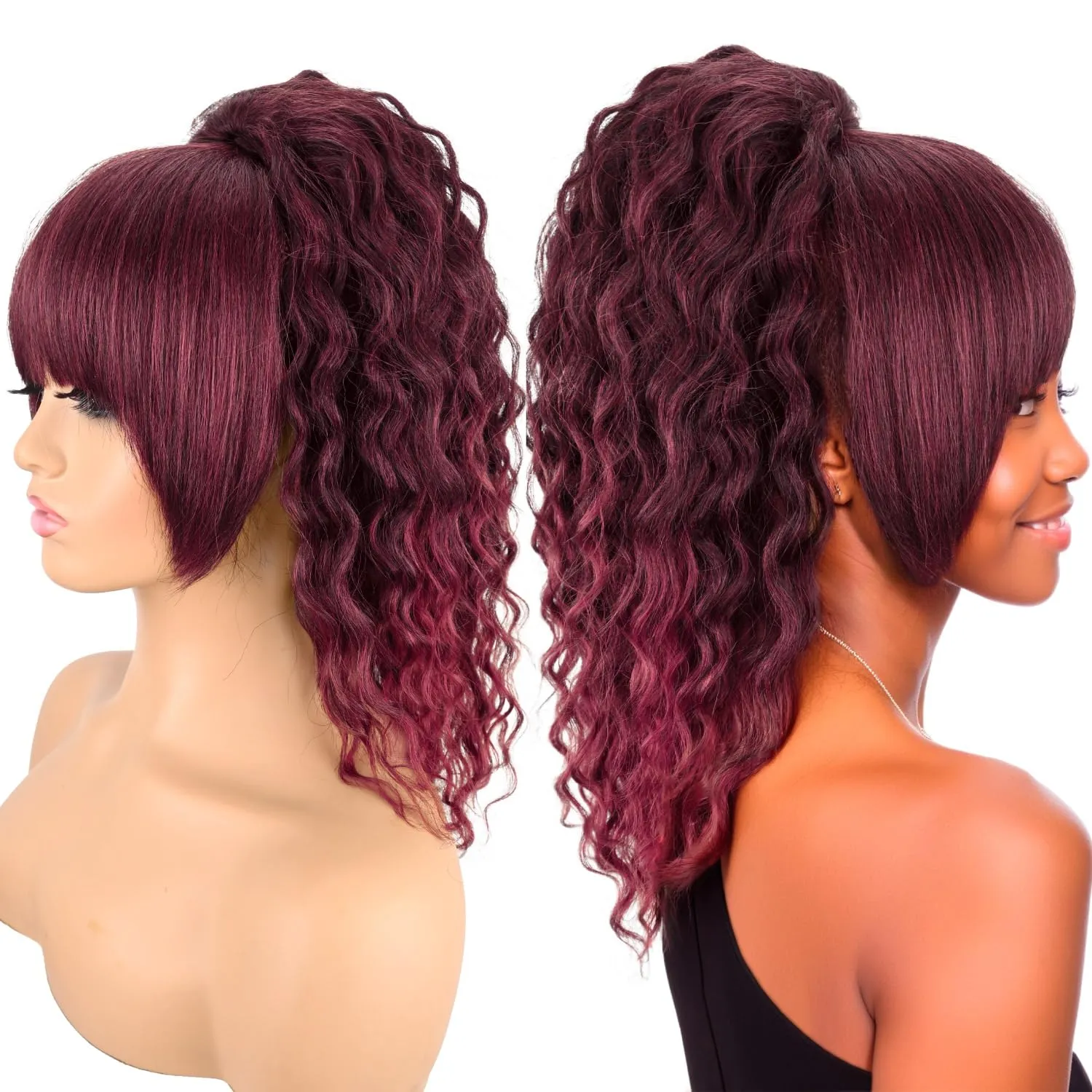 Ponytail Extension with Bangs,Yaki Curly Drawstring Ponytail Extension for Women 20 Inch Long Wavy Layered Pony Tails Hair Extensions Synthetic Clip in Ponytail Hairpiece for Women(BUG)