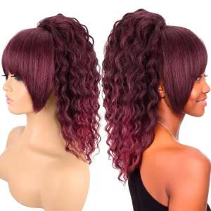 Ponytail Extension with Bangs,Yaki Curly Drawstring Ponytail Extension for Women 20 Inch Long Wavy Layered Pony Tails Hair Extensions Synthetic Clip in Ponytail Hairpiece for Women(BUG)