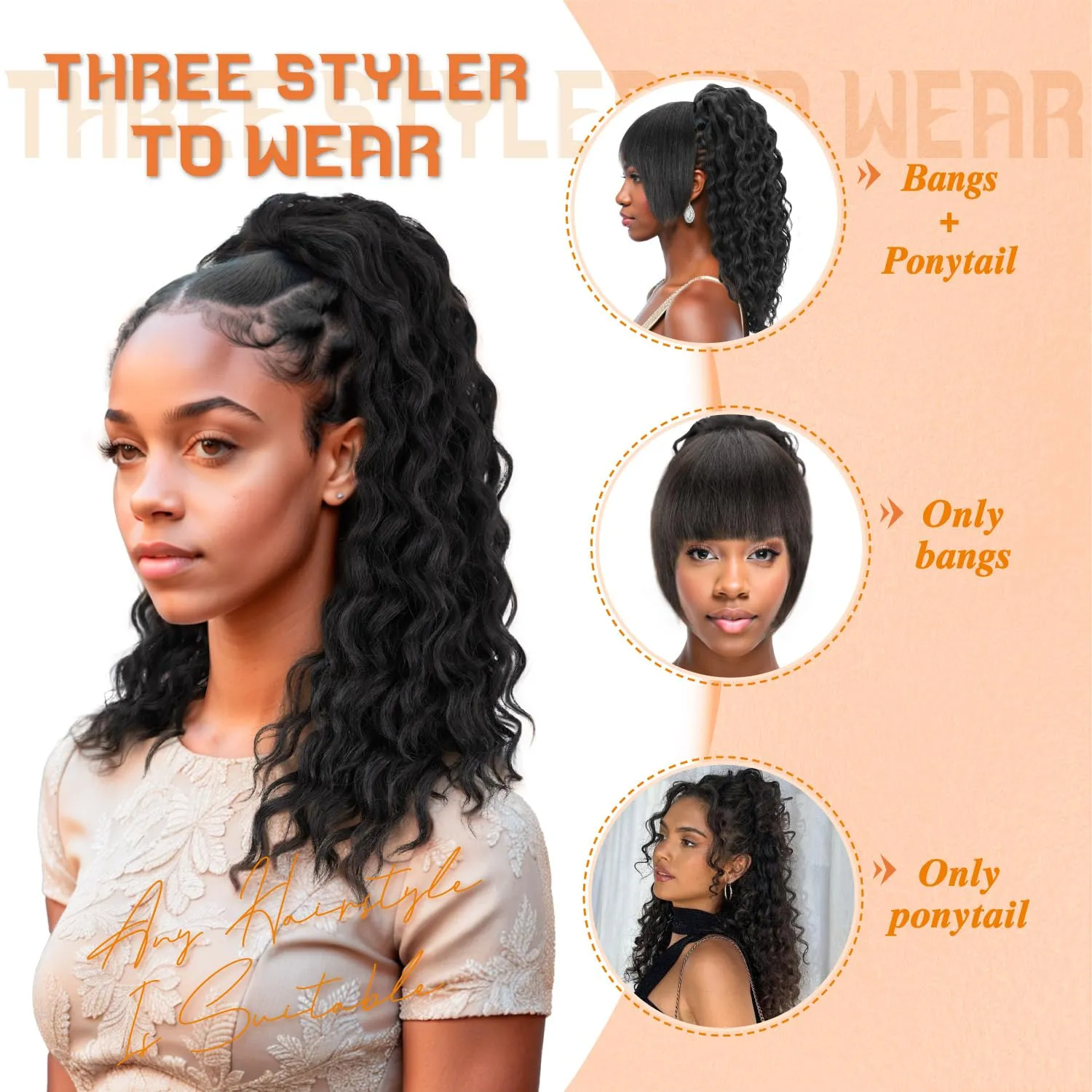 Ponytail Extension with Bangs,Yaki Curly Drawstring Ponytail Extension for Women 20 Inch Long Wavy Layered Pony Tails Hair Extensions Synthetic Clip in Ponytail Hairpiece for Women(BUG)