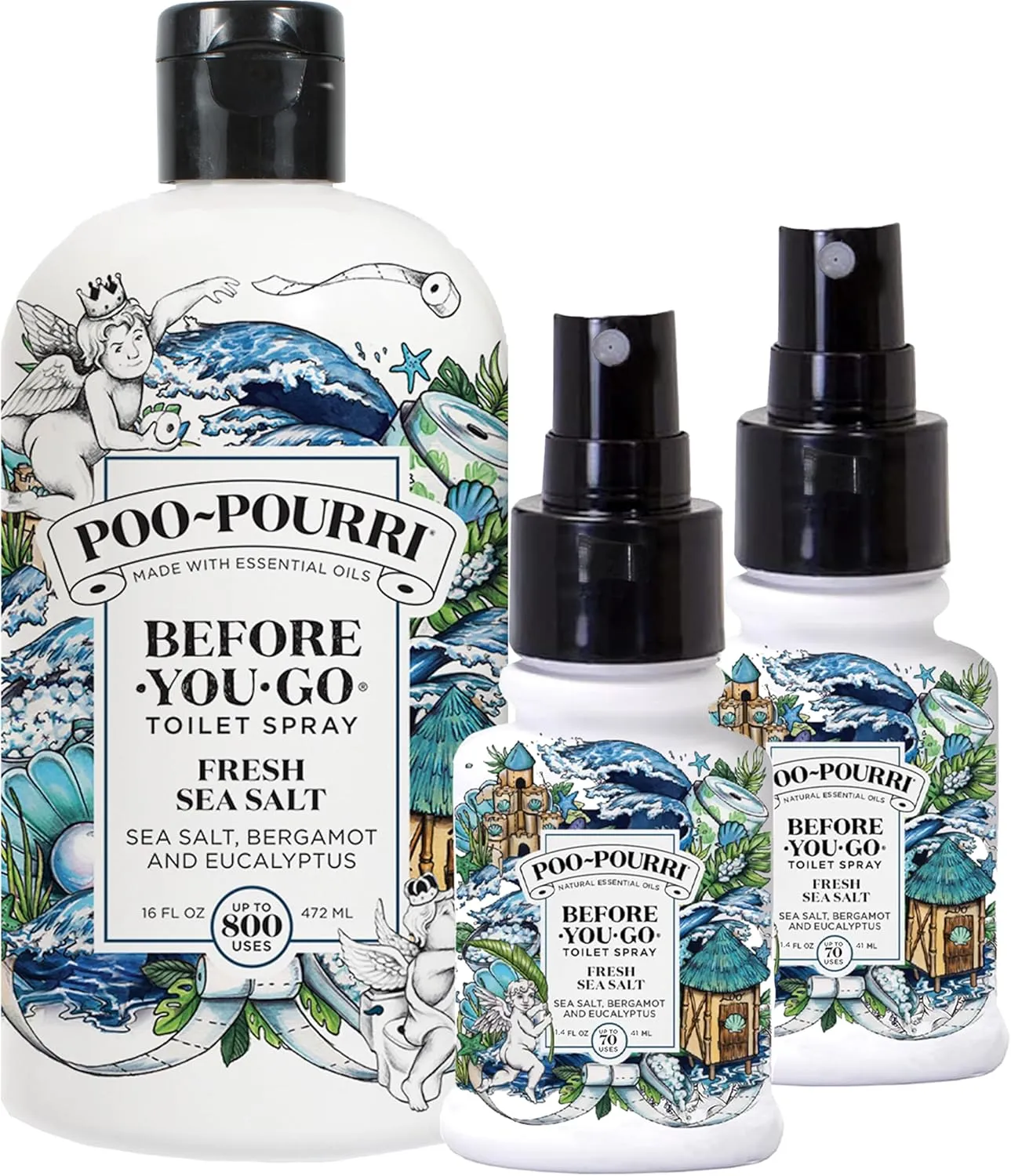Poo-Pourri Before-You-Go Toilet Spray, Fresh Sea Salt, Refill Bottle 16 Fl Oz and 1.4 Fl Oz Spray x2-Sea Salt Bergamot Eucalyptus