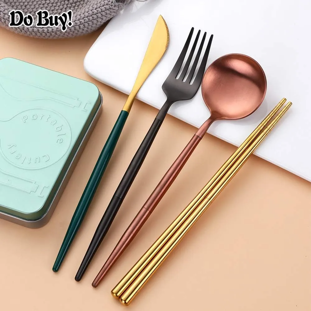 Portable & Reusable Stainless Steel Travel Cutlery Set，Folding Utensil Set with Case ，for Camping, Picnic, Office and On-The-Go (Pocket Sized Flatware Set) (Black) (Gold Green)