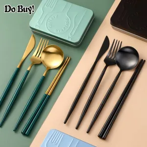 Portable & Reusable Stainless Steel Travel Cutlery Set，Folding Utensil Set with Case ，for Camping, Picnic, Office and On-The-Go (Pocket Sized Flatware Set) (Black) (Gold Green)