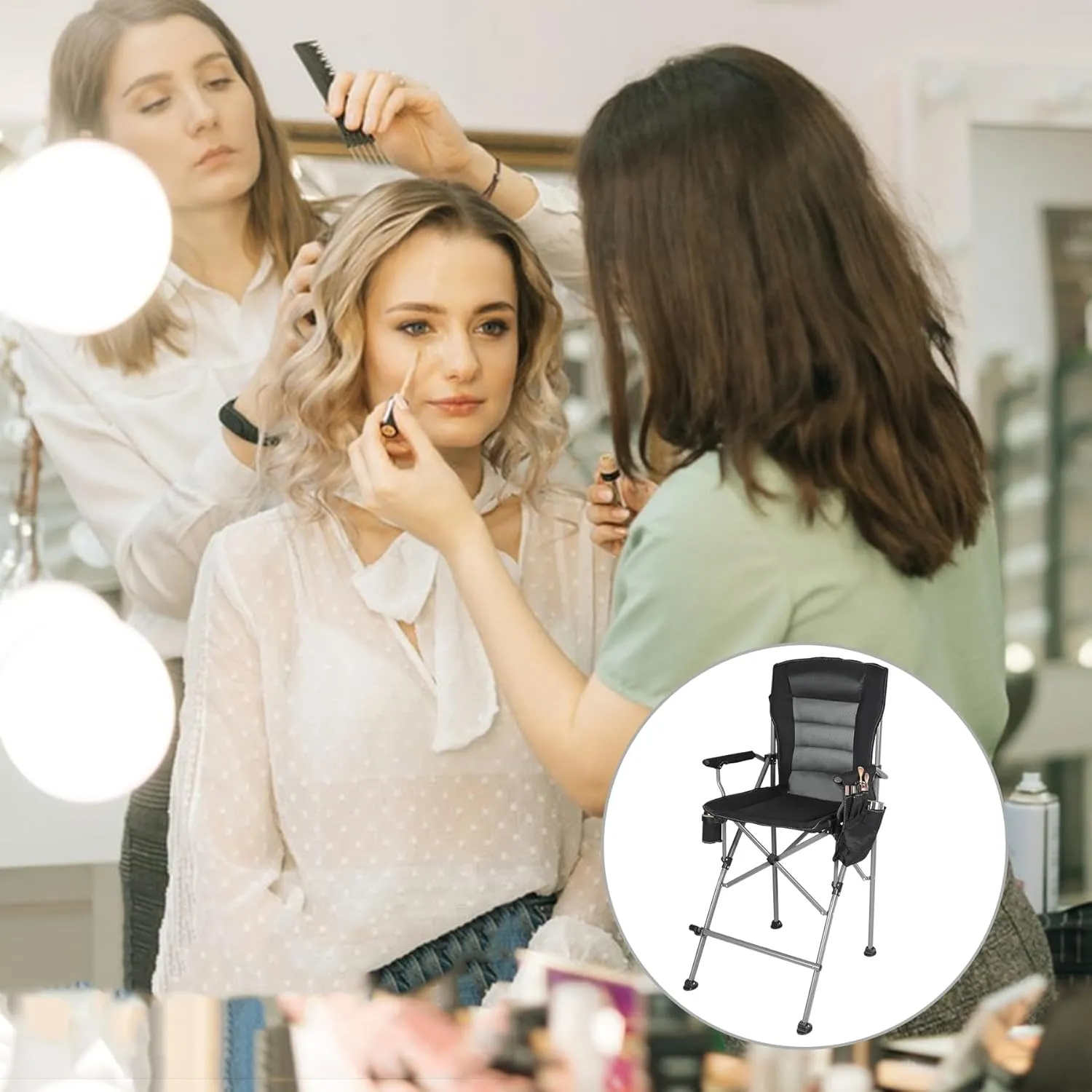 Portable Bar Height Foldable Director Chairs for Adults 330lbs, Extra Tall Folding Chairs for Camping Outside, Comfortable with Makeup Pocket, High Back and Footrest, Black,2Pack