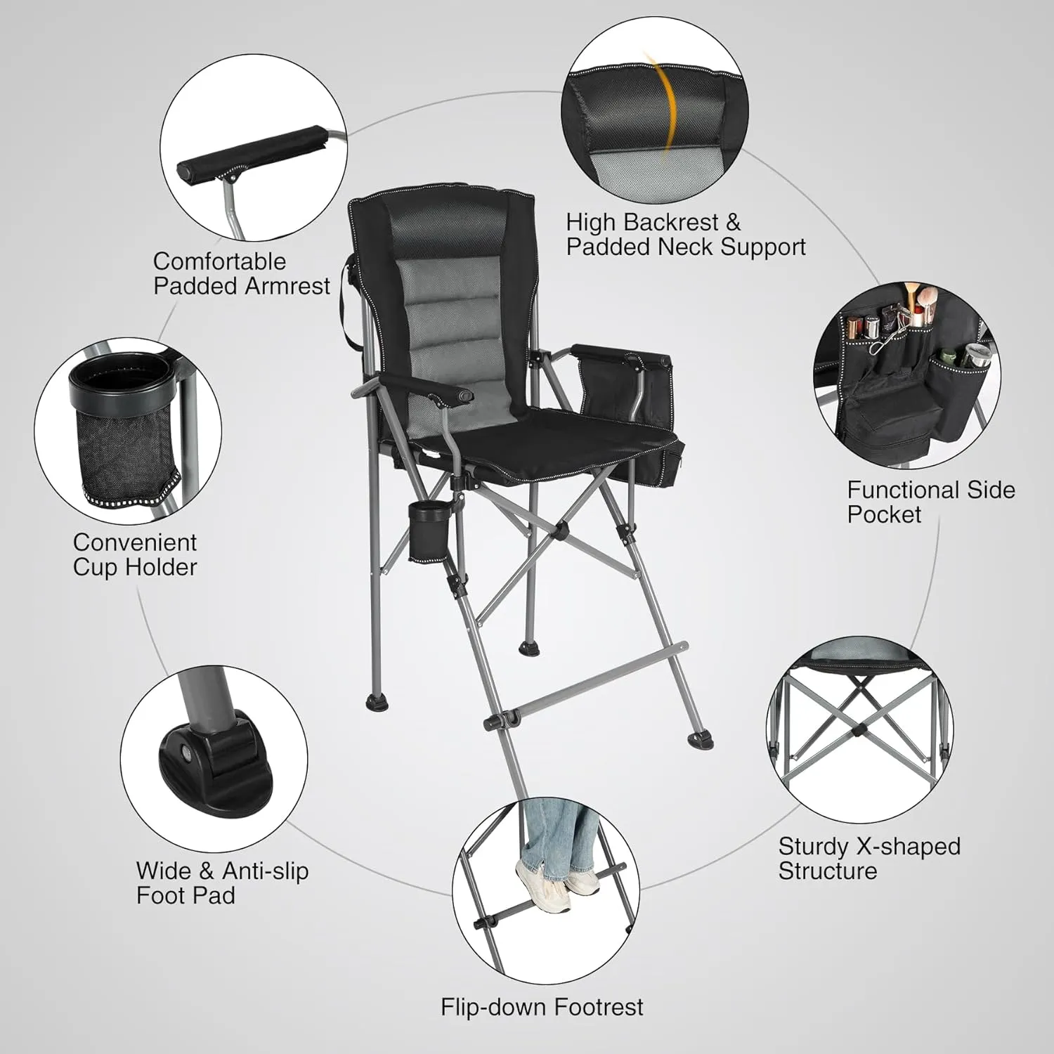 Portable Bar Height Foldable Director Chairs for Adults 330lbs, Extra Tall Folding Chairs for Camping Outside, Comfortable with Makeup Pocket, High Back and Footrest, Black,2Pack