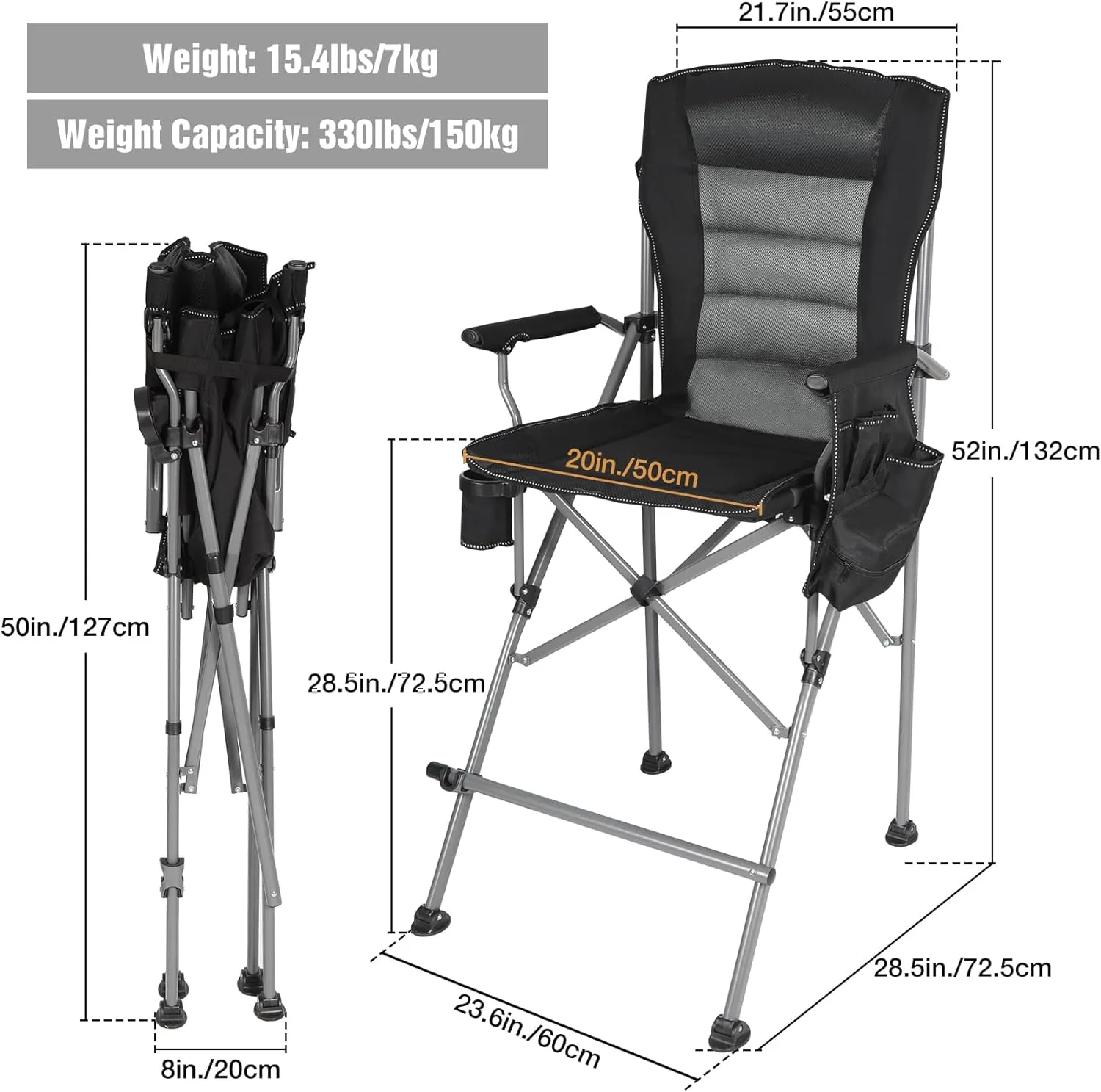 Portable Bar Height Foldable Director Chairs for Adults 330lbs, Extra Tall Folding Chairs for Camping Outside, Comfortable with Makeup Pocket, High Back and Footrest, Black,2Pack