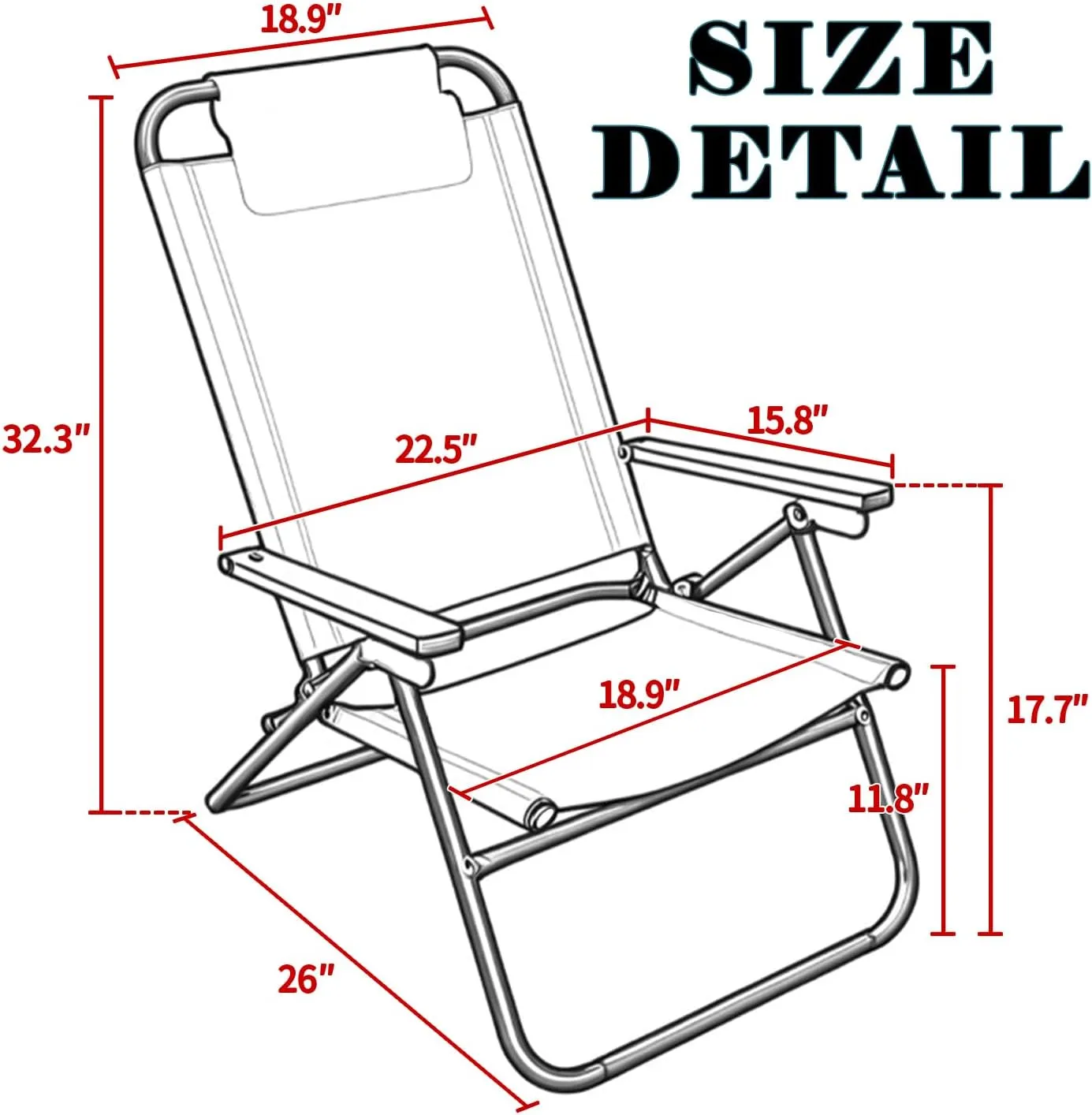 Portable Beach Chair - 4 Position, Camping Chair with Cooler Pouch, Headrest, Cup Holder, Shoulder Strap, Lightweight