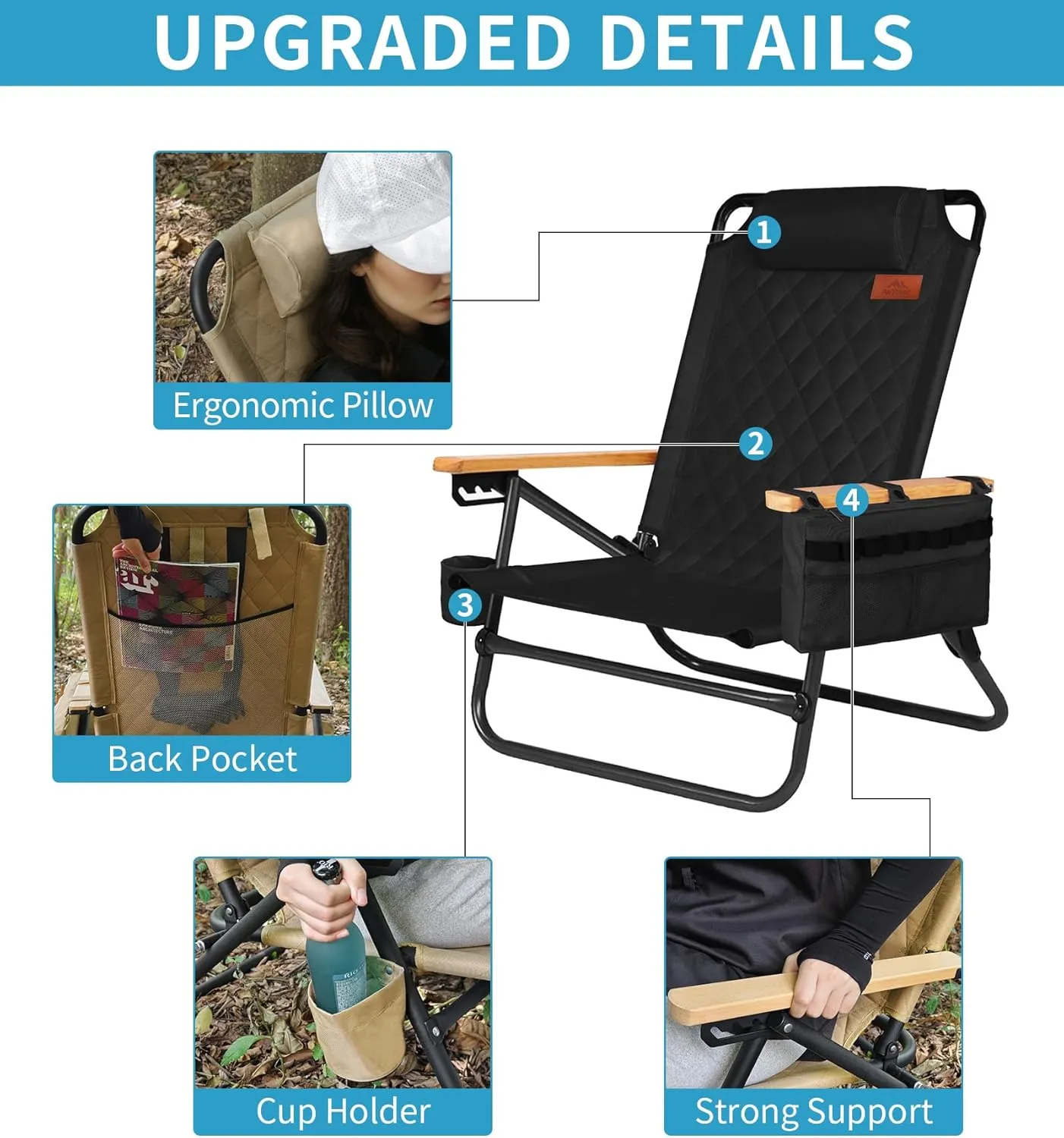 Portable Beach Chair - 4 Position, Camping Chair with Cooler Pouch, Headrest, Cup Holder, Shoulder Strap, Lightweight