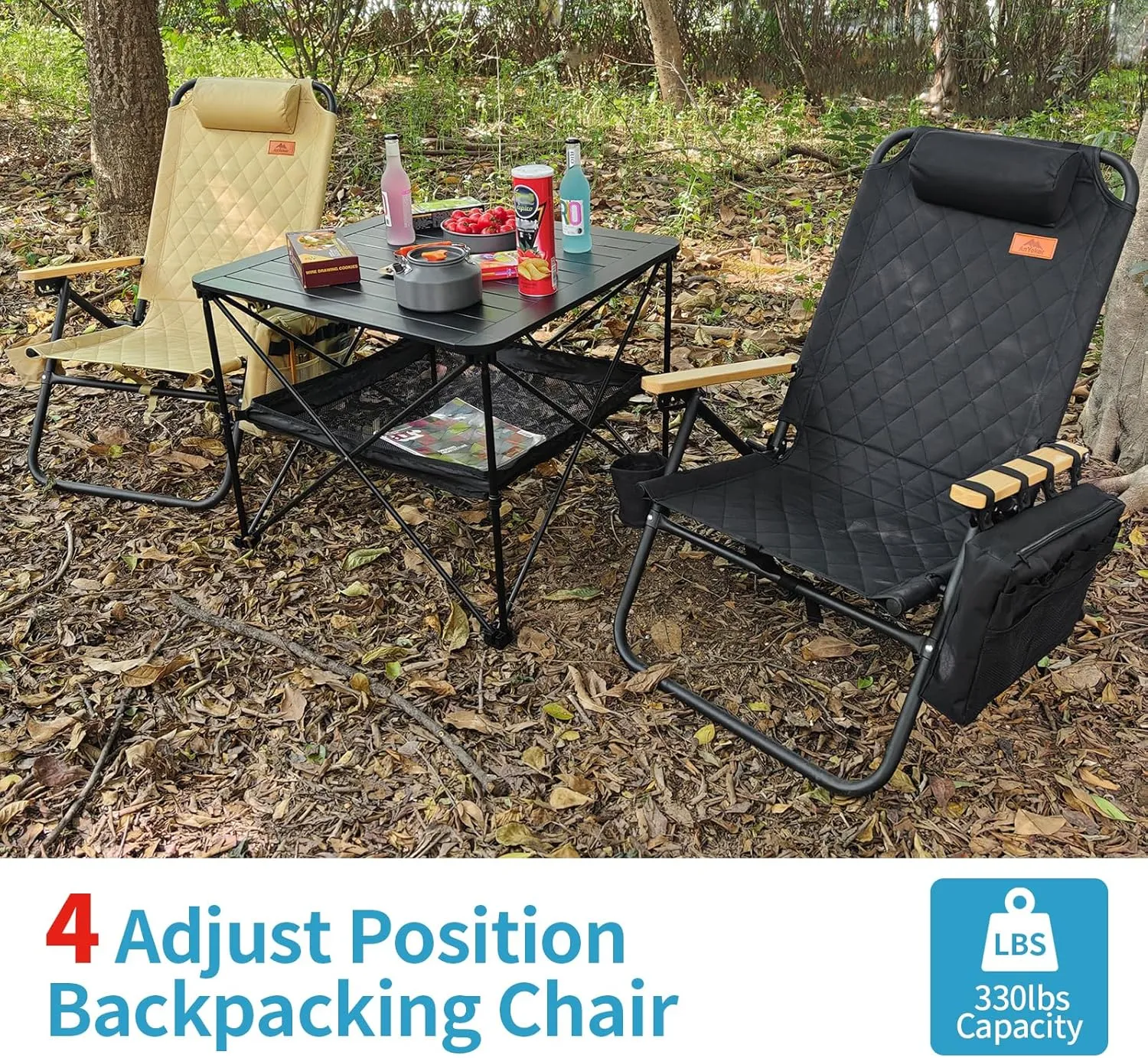 Portable Beach Chair - 4 Position, Camping Chair with Cooler Pouch, Headrest, Cup Holder, Shoulder Strap, Lightweight