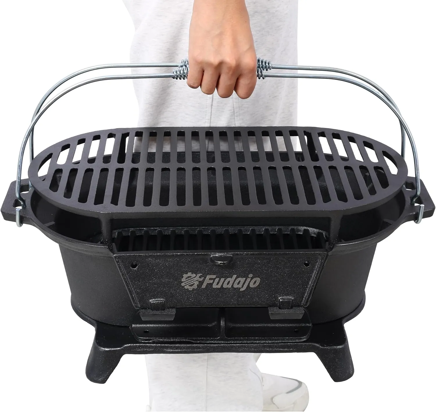 Portable Cast Iron Charcoal BBQ Grill - Oval Hibachi Grill for Outdoor Camping, Tailgating & Picnics (Oval)