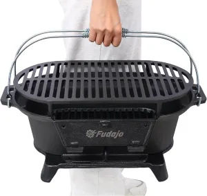 Portable Cast Iron Charcoal BBQ Grill - Oval Hibachi Grill for Outdoor Camping, Tailgating & Picnics (Oval)