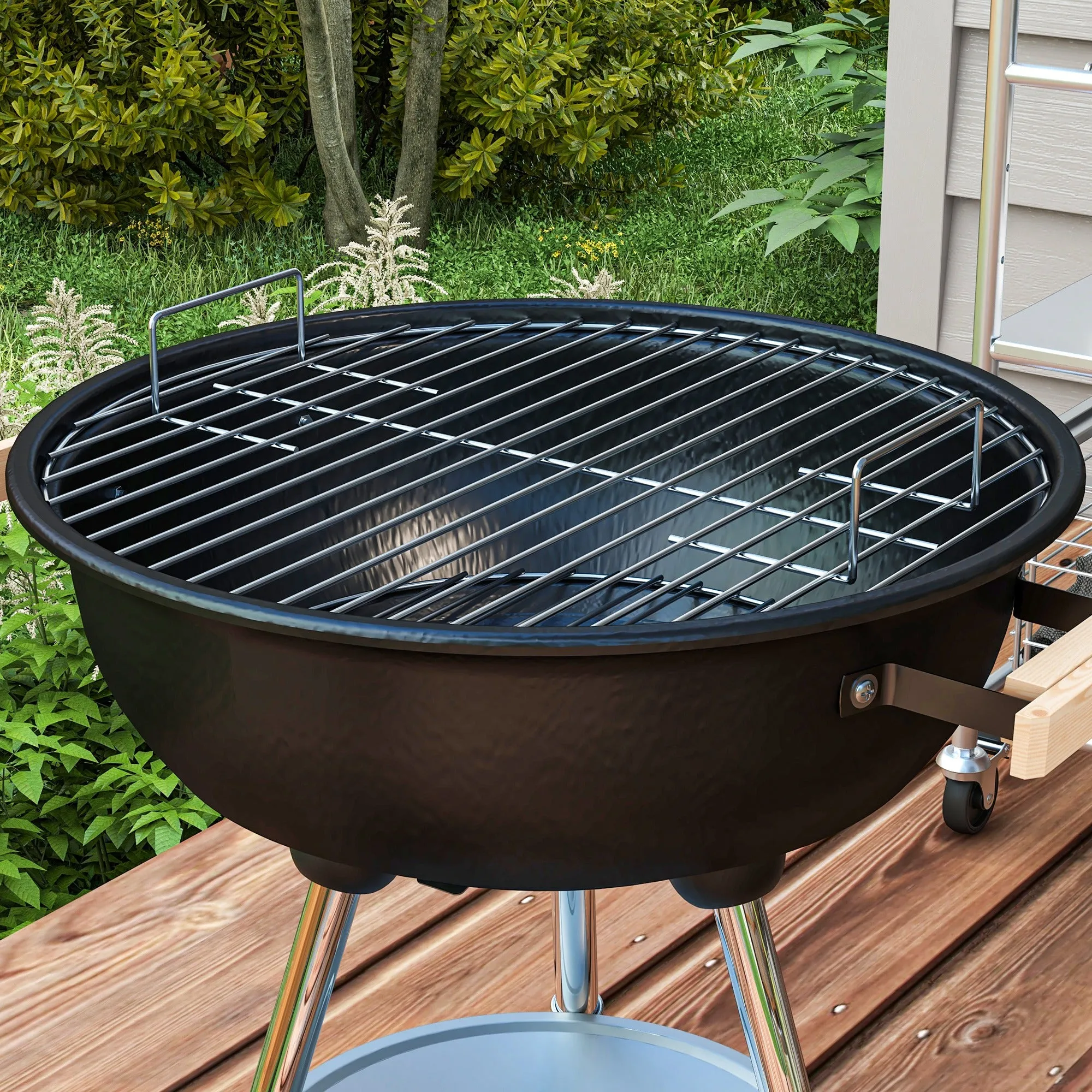 Portable Charcoal BBQ Grill, Steel Barbecue Grill with Lid and Air Vents, Outdoor Camp Picnic Cooker with Wheels and Storage Shelf, Black