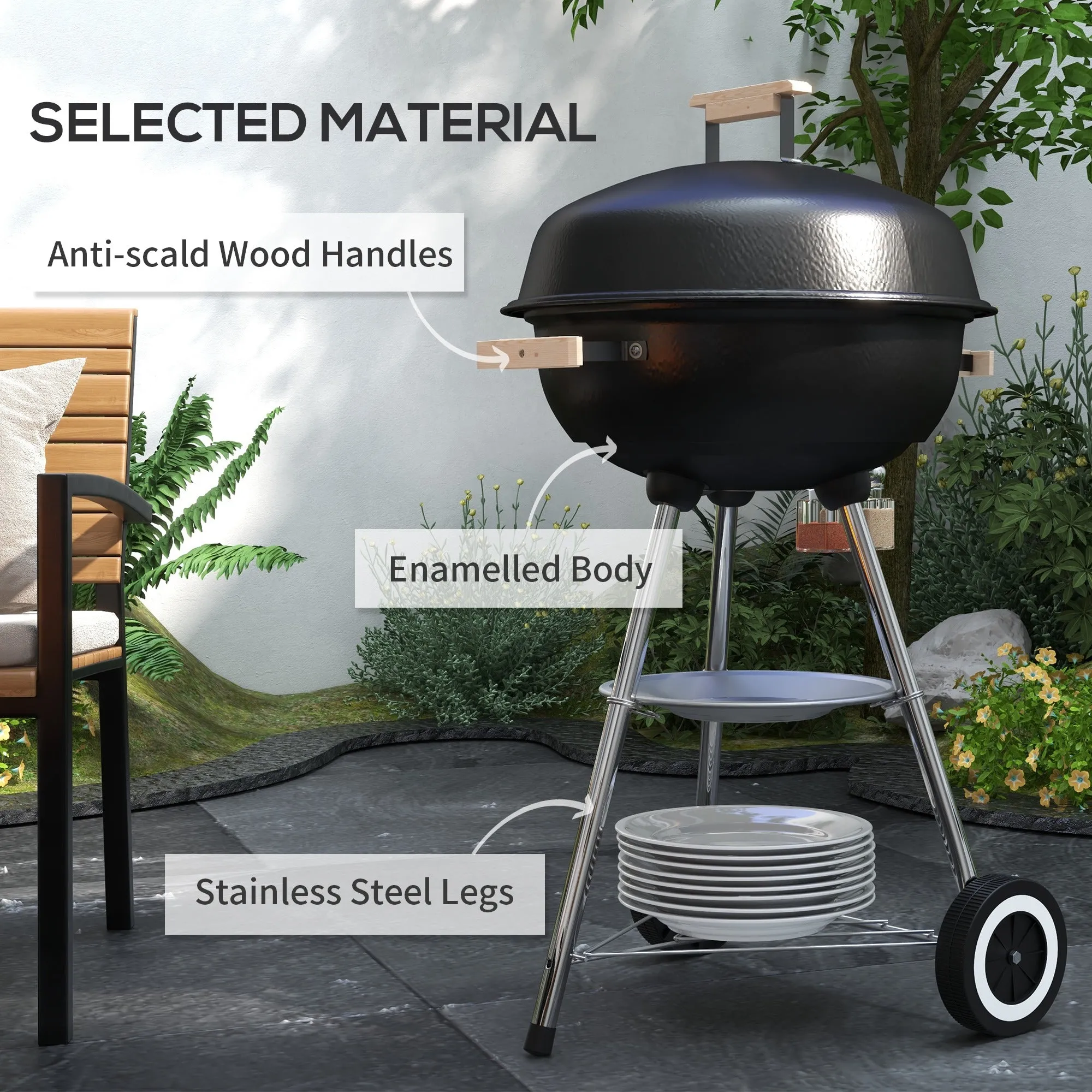 Portable Charcoal BBQ Grill, Steel Barbecue Grill with Lid and Air Vents, Outdoor Camp Picnic Cooker with Wheels and Storage Shelf, Black