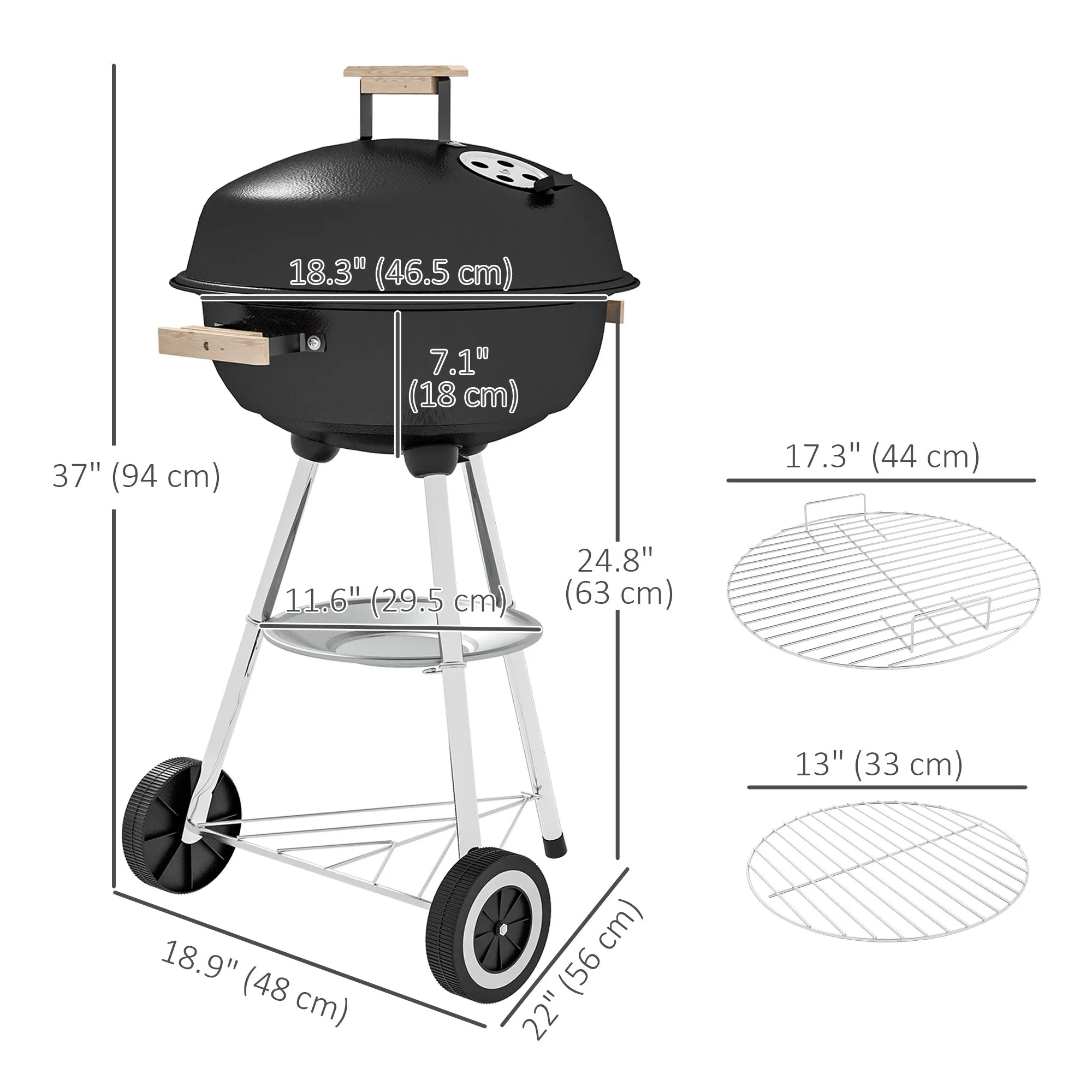 Portable Charcoal BBQ Grill, Steel Barbecue Grill with Lid and Air Vents, Outdoor Camp Picnic Cooker with Wheels and Storage Shelf, Black