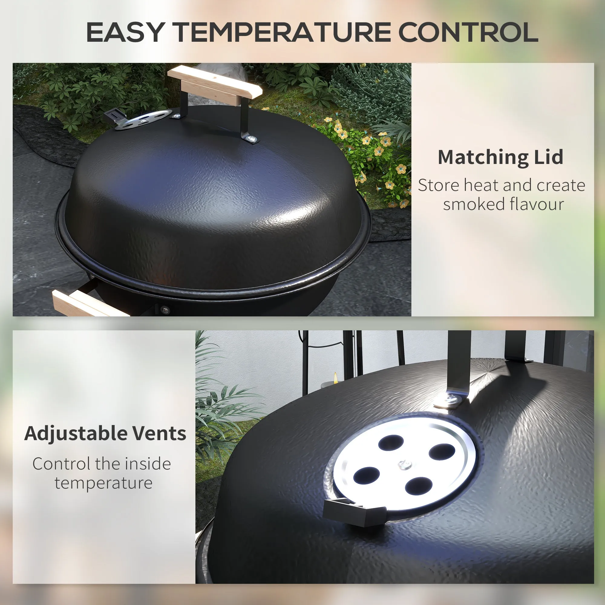 Portable Charcoal BBQ Grill, Steel Barbecue Grill with Lid and Air Vents, Outdoor Camp Picnic Cooker with Wheels and Storage Shelf, Black