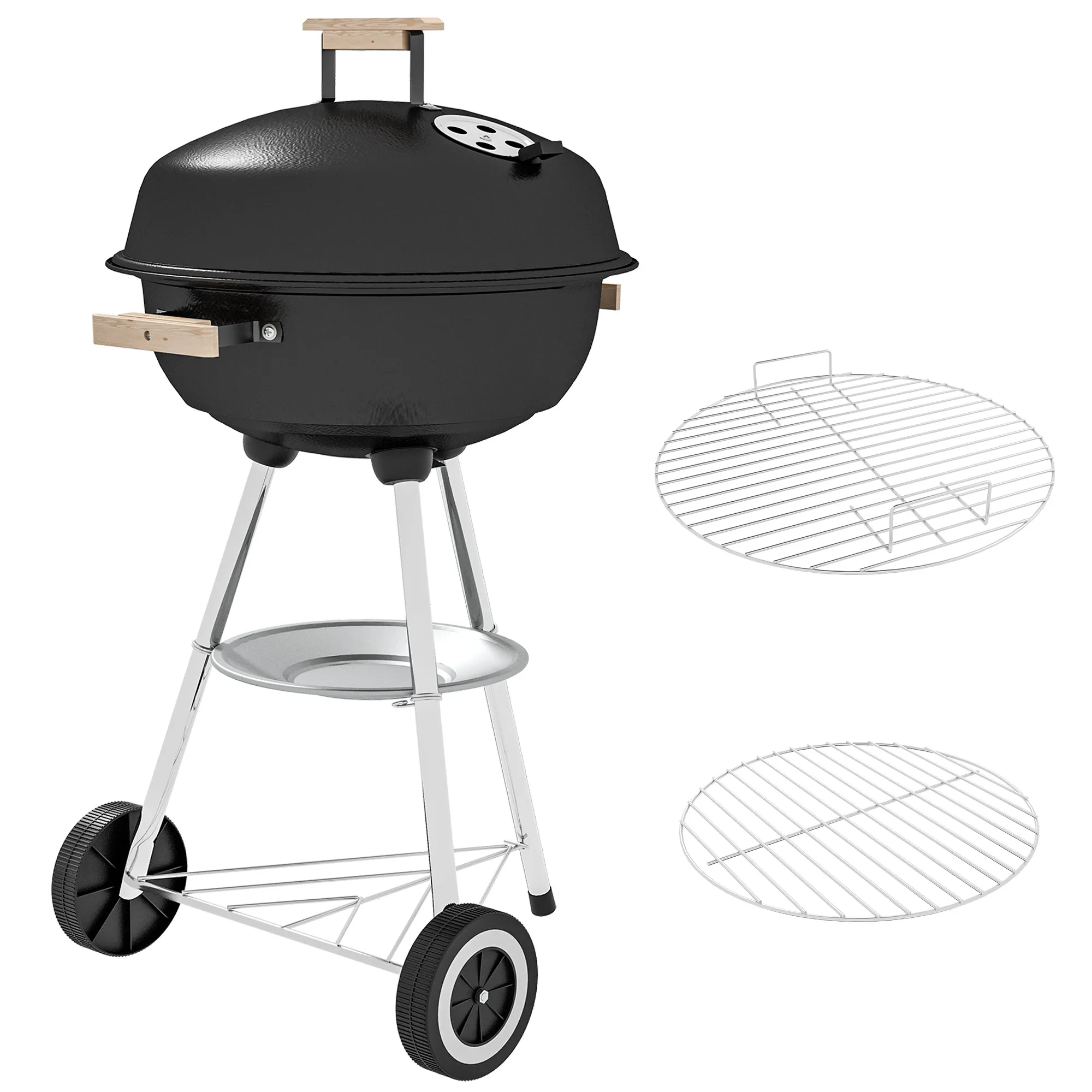 Portable Charcoal BBQ Grill, Steel Barbecue Grill with Lid and Air Vents, Outdoor Camp Picnic Cooker with Wheels and Storage Shelf, Black